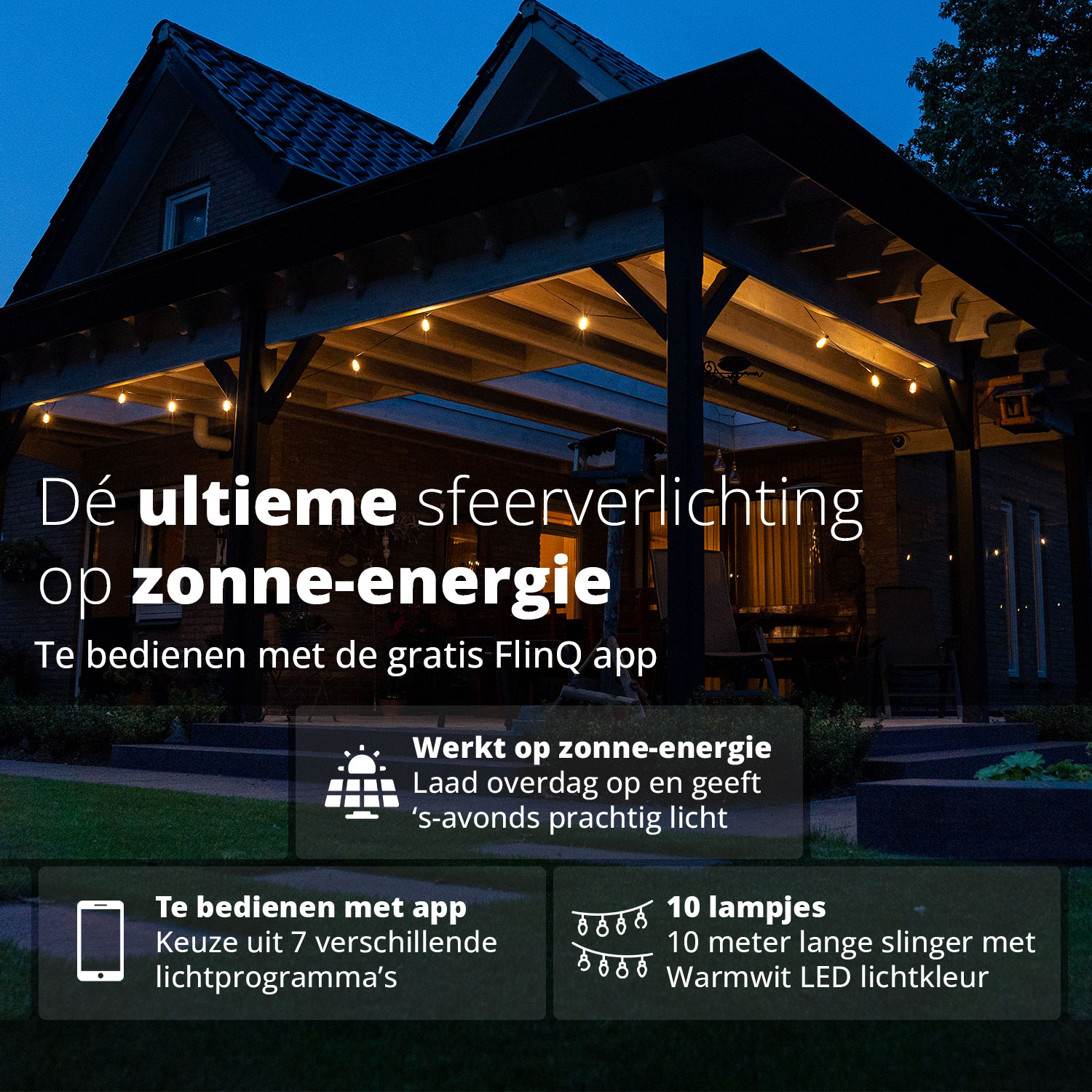 Nachtscène van lichten boven een terras. Tekst zegt Dé ultieme sfeerverlichting op zonne-energie. Het heeft app-info.