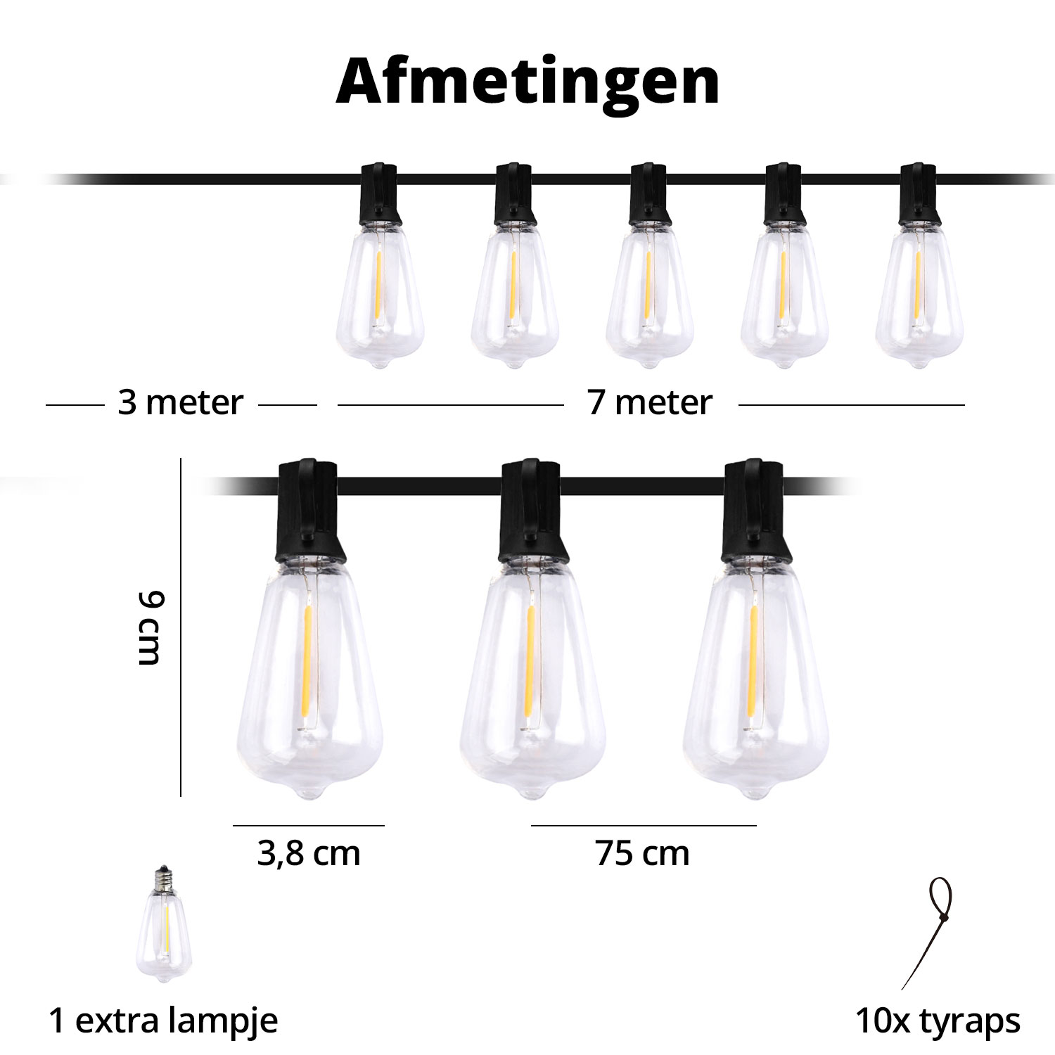 Een diagram met de afmetingen van een lichtslinger: 3 meter, 9 cm, 7 meter, 3,8 cm en 75 cm. Tekst zegt Afmetingen.