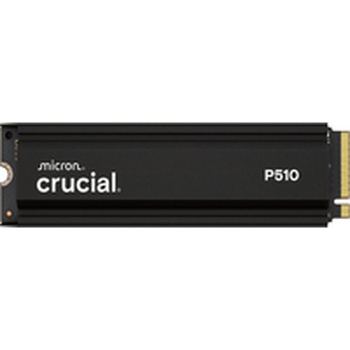 Una unidad SSD NVMe P510 crucial negra. El nombre de la marca es visible. Vista horizontal.