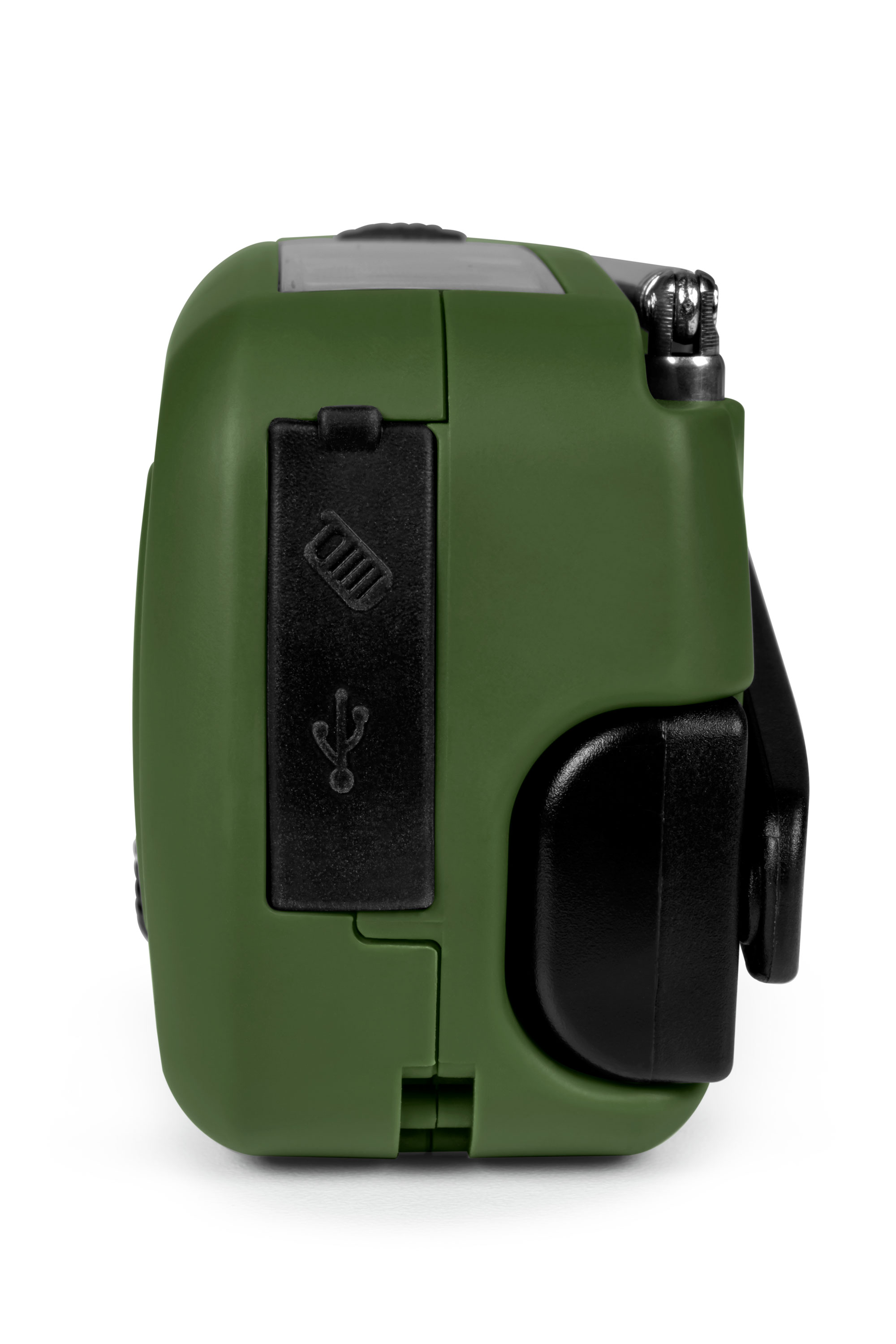 Zielone radio z korbą ręczną, z portem USB i czarną osłoną.