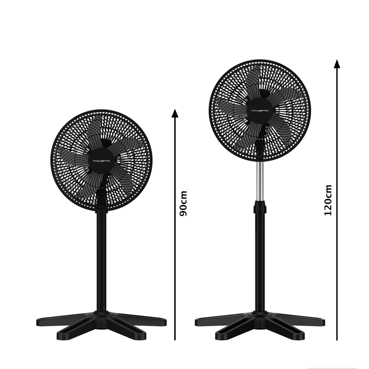 Dwa czarne wentylatory stojące na czarnym tle. Wentylatory są wyłączone.