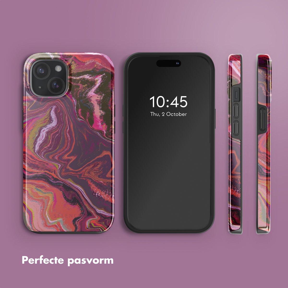 Een telefoonhoesje met een kleurrijk patroon op een paarse achtergrond, met een telefoon.