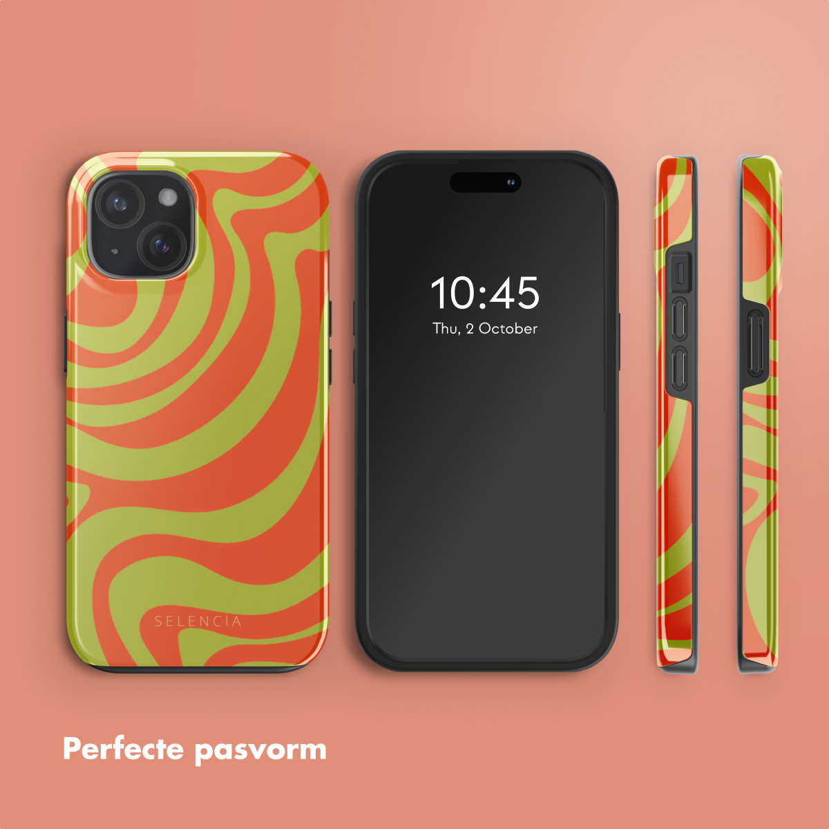 Een iPhone met een groene en oranje wervelcase. Een zwarte telefoon in het midden toont de datum en tijd.
