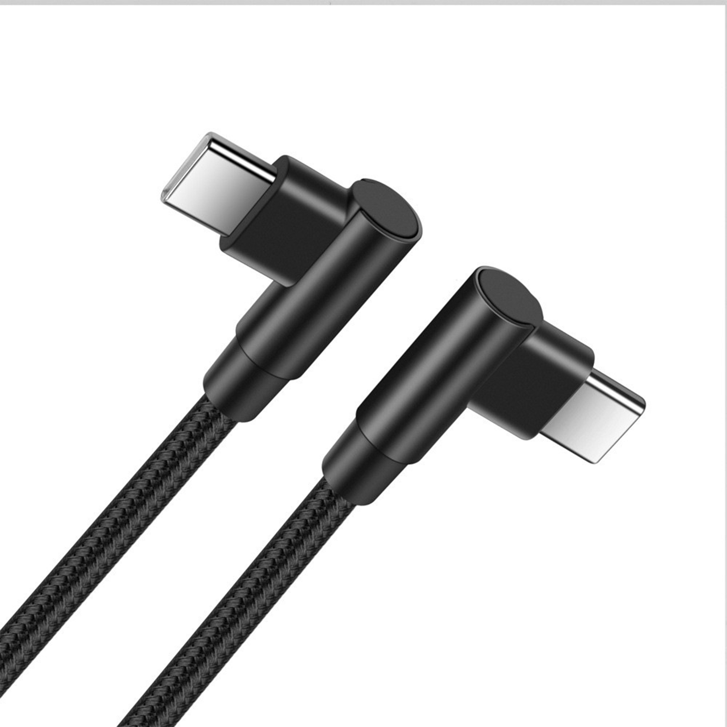 Two black USB-C angled cables. The connectors are silver, and the cables have a textured, woven appearance.