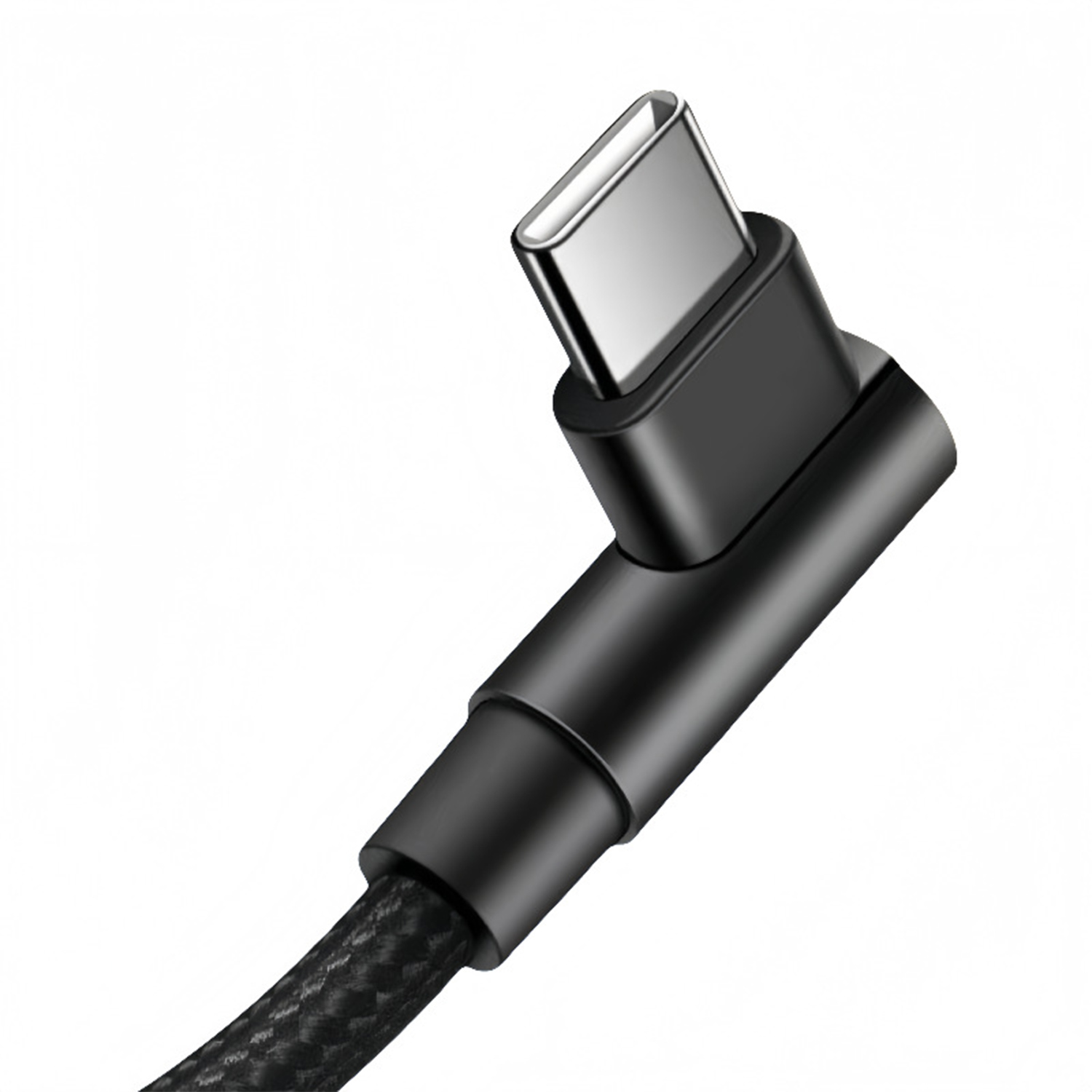 A black USB-C angled cable is shown. The connector is silver, and the cable has a textured, woven appearance.