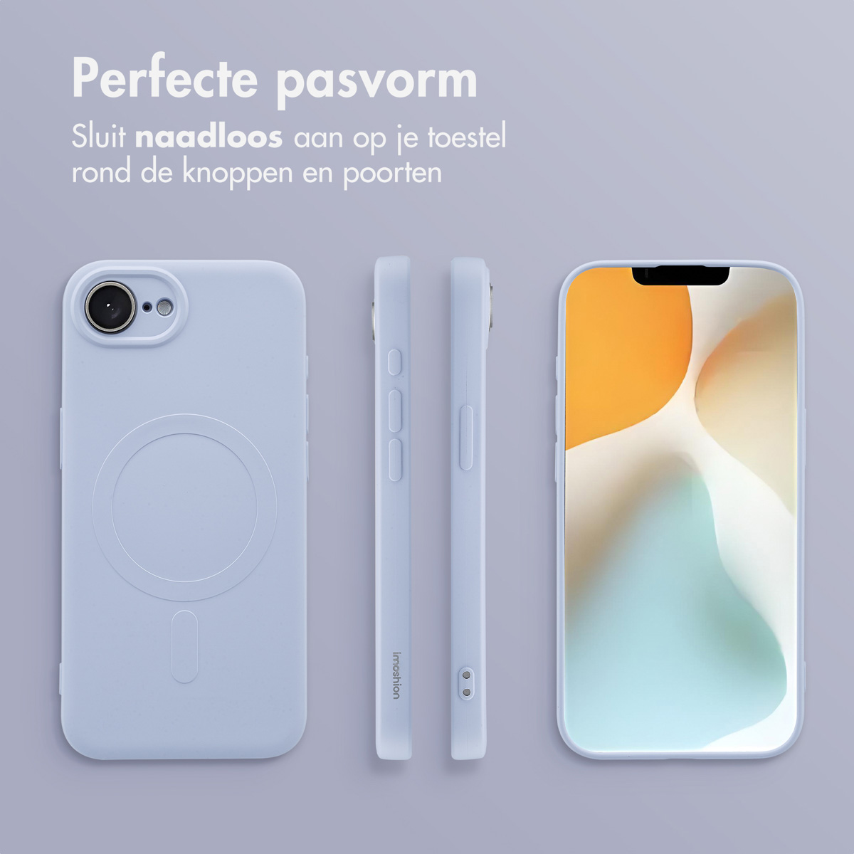 Modèles de coques de téléphone, avec une coque et un téléphone bleus, sur fond lilas clair.