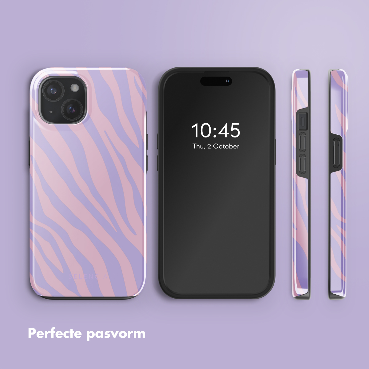 Een iPhone met een roze en paarse zebra gestreepte case. Een zwarte telefoon in het midden toont de datum en tijd.