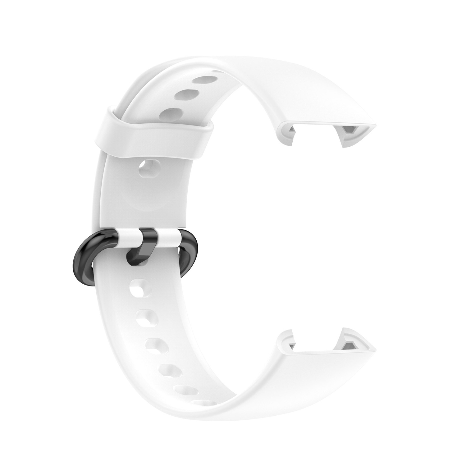 Ein weißes Uhrenarmband in C-Form. Es hat eine schwarze Schnalle und befindet sich auf weißem Hintergrund.