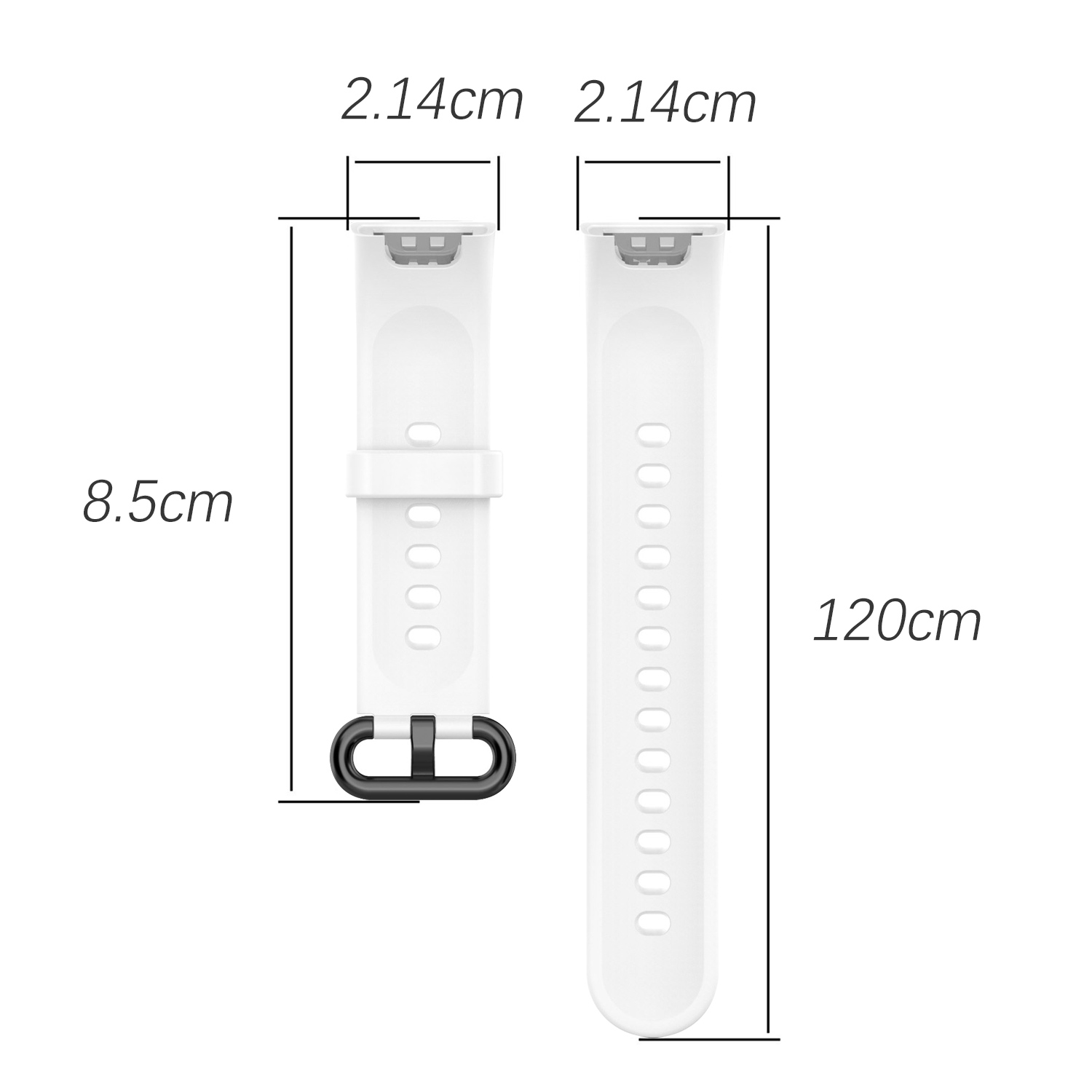 Ein weißes Uhrenarmband mit angezeigten Maßen. Ein schwarzer Verschluss ist sichtbar, Maße sind in cm.