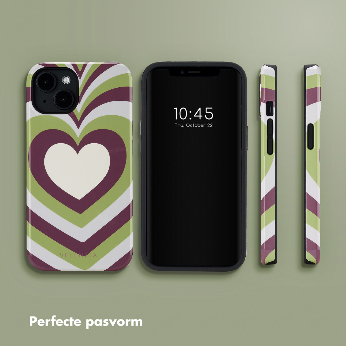 Telefoonhoesje met een hartontwerp. Een telefoon en twee zijaanzichten van de hoes worden getoond op een paarse achtergrond.