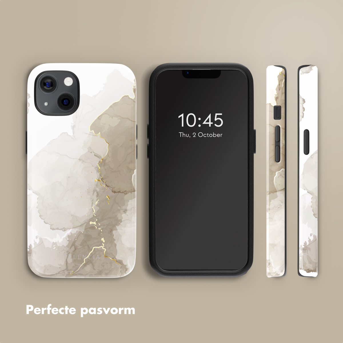 Coque de téléphone avec un motif marbré beige et doré. Un téléphone et deux vues latérales du boîtier sont présentés sur fond beige.