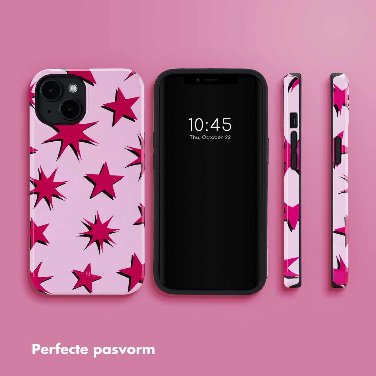 Telefoonhoesje met sterrenpatroon. Een telefoon en twee zijaanzichten van de hoes worden getoond op een roze achtergrond.