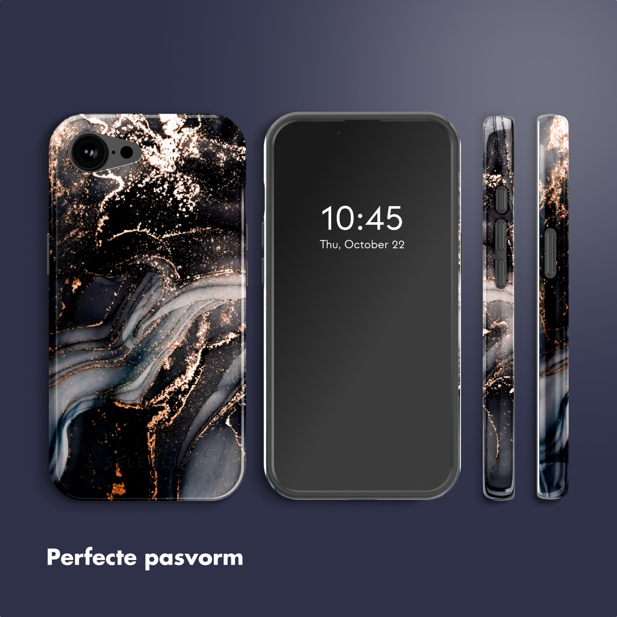 Téléphone et étuis. L'étui a un motif de marbre noir et or. Le téléphone est au milieu.