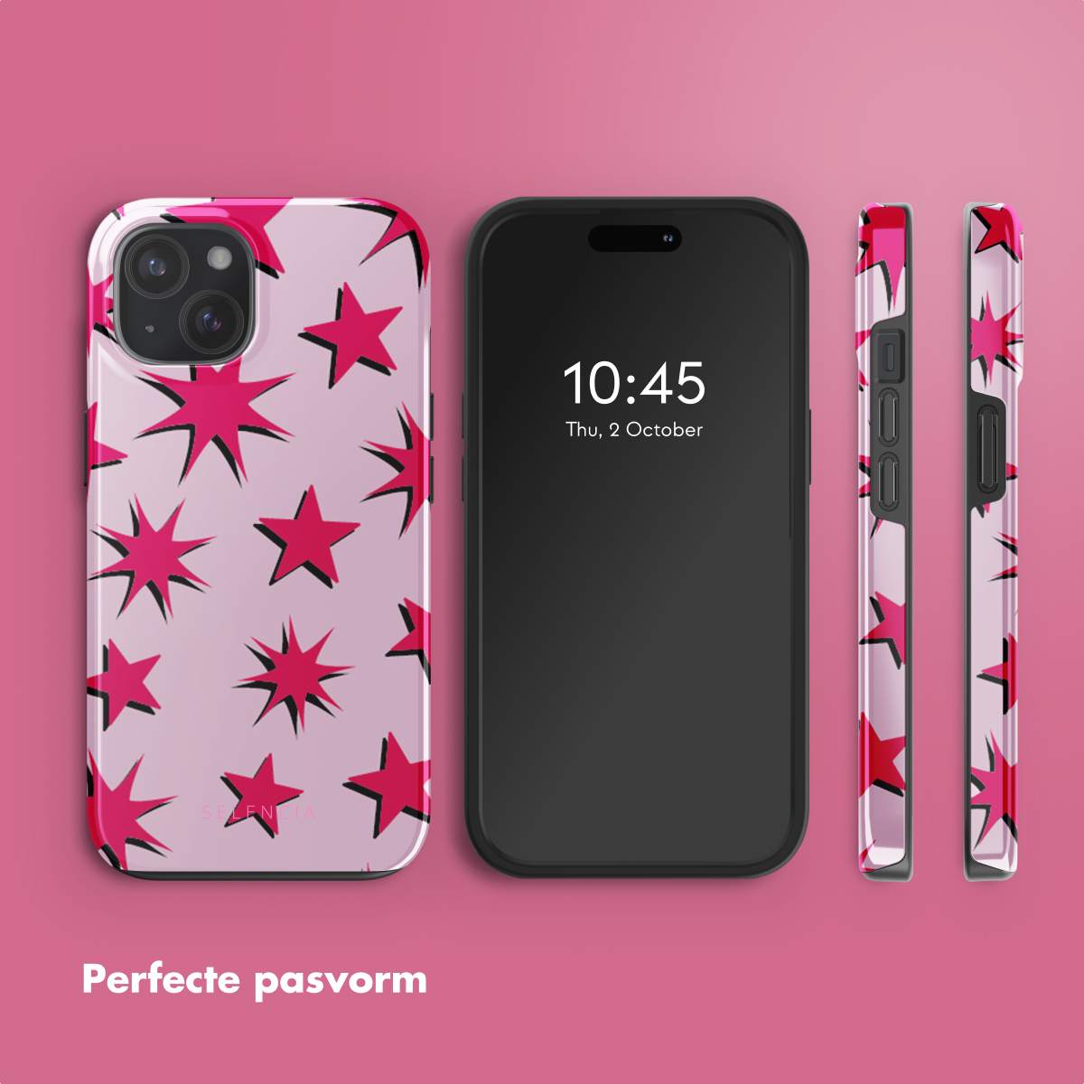 Roze telefoonhoesje met rood sterrenpatroon, telefoon met zwart scherm en twee zijaanzichten.