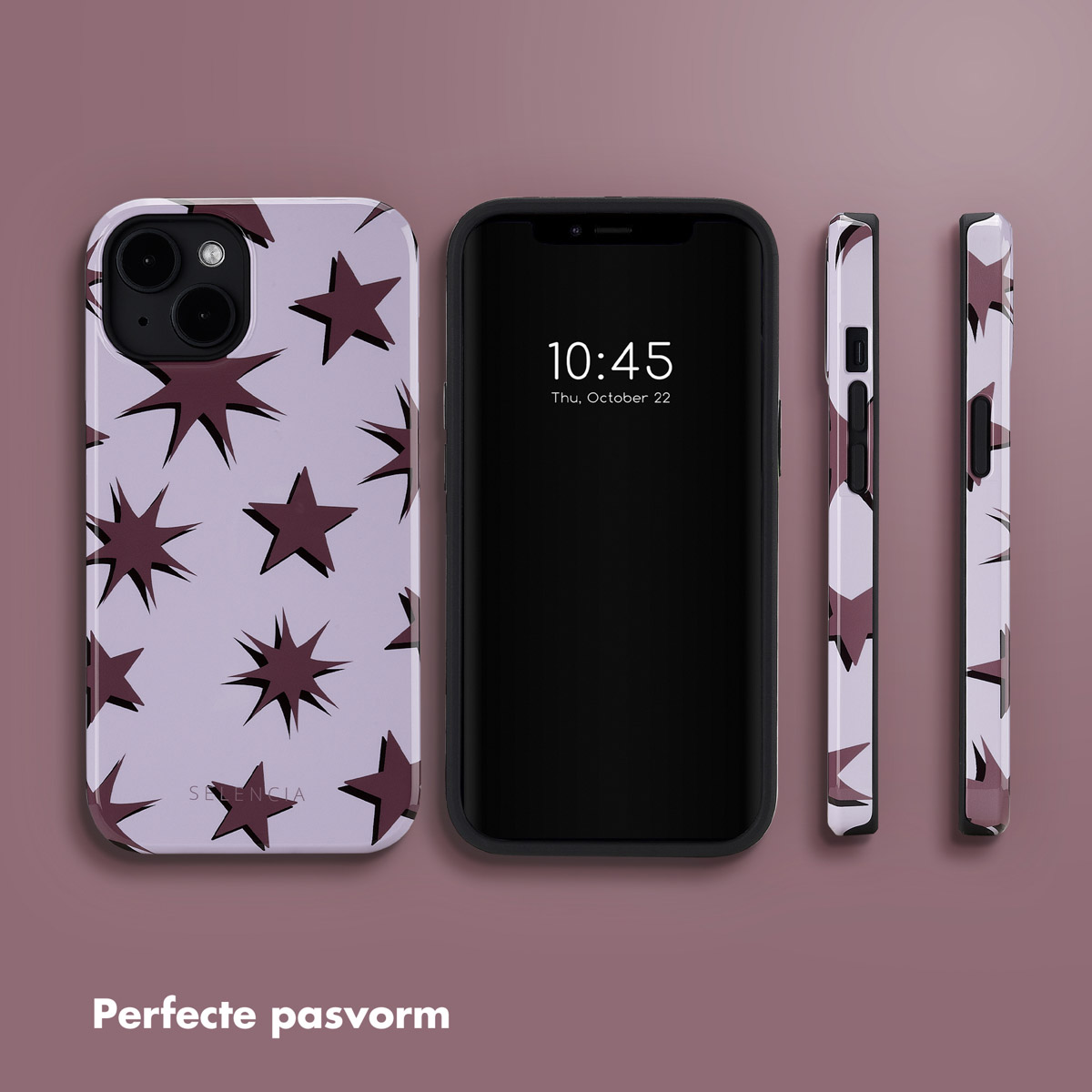 Paars telefoonhoesje met donkerpaarse sterren, telefoon met zwart scherm en twee zijaanzichten.