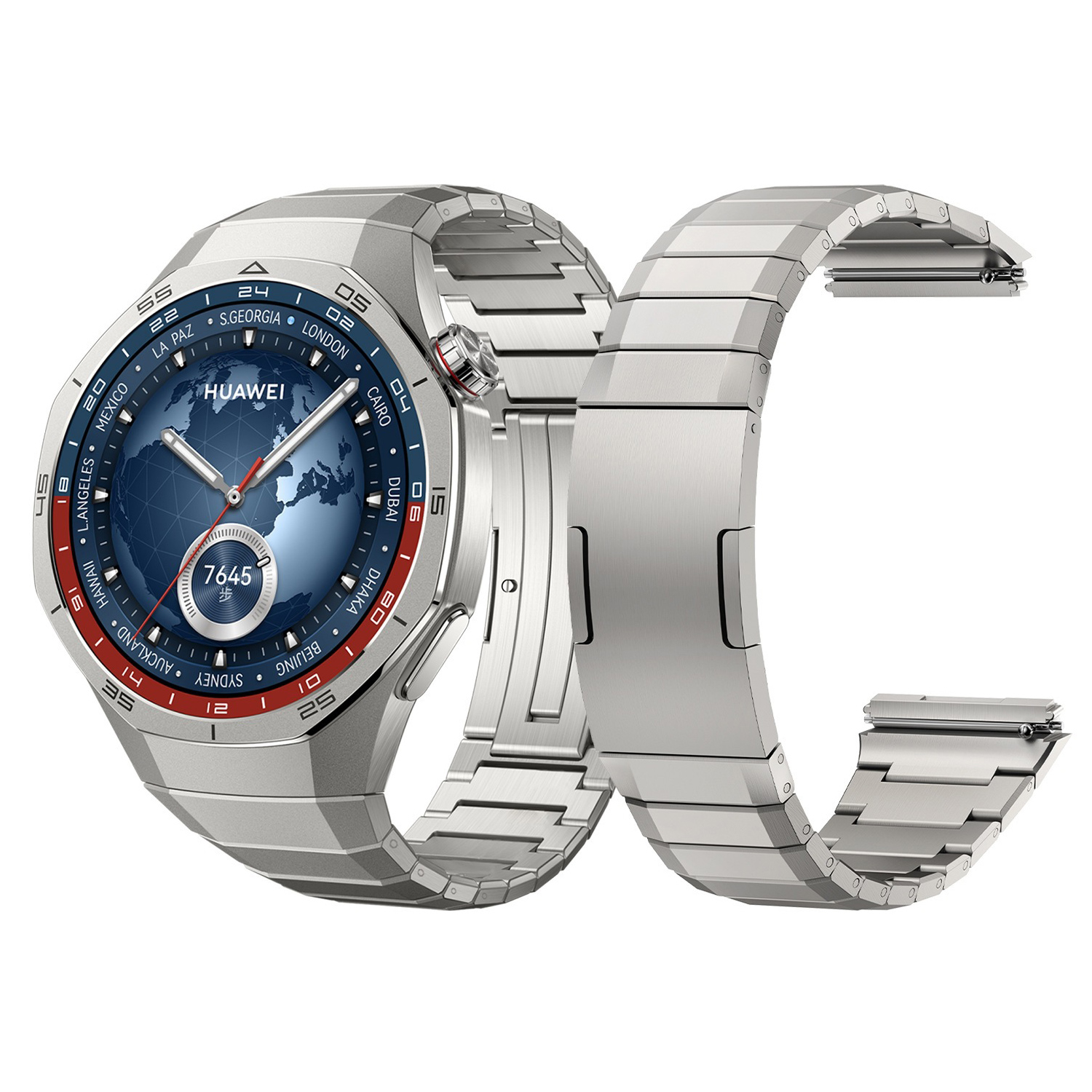 Eine silberne Smartwatch mit Metallband wird angezeigt. Das Zifferblatt zeigt eine Weltkarte und die Uhrzeit.