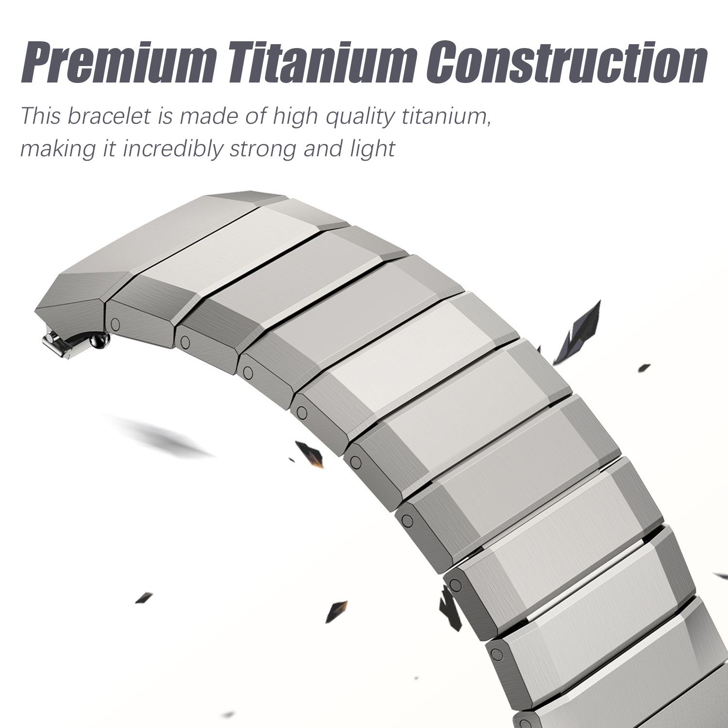 Nahaufnahme eines Titan-Uhrenarmbands mit Text über die Premium-Titan-Konstruktion.