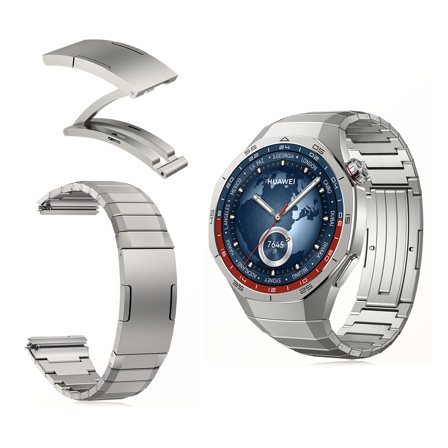 Eine silberne Smartwatch mit abgenommenem Armband und Verschluss wird auf weißem Untergrund gezeigt.