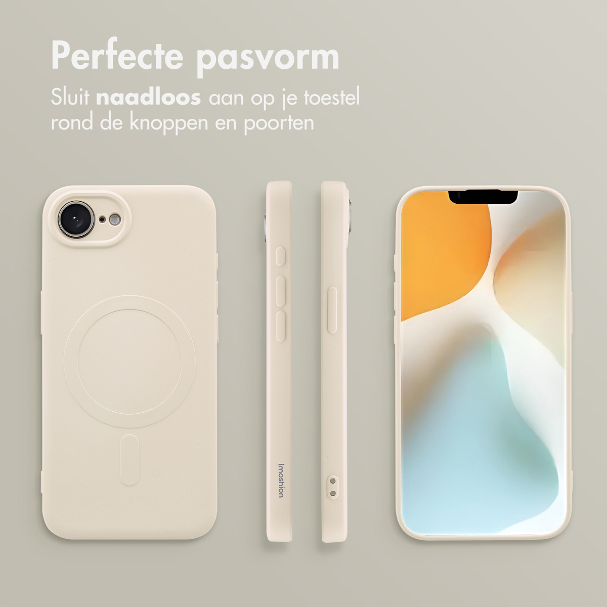 Een telefoonhoesje, telefoon en scherm worden weergegeven. De hoes is beige. Het scherm toont een oranje achtergrond.