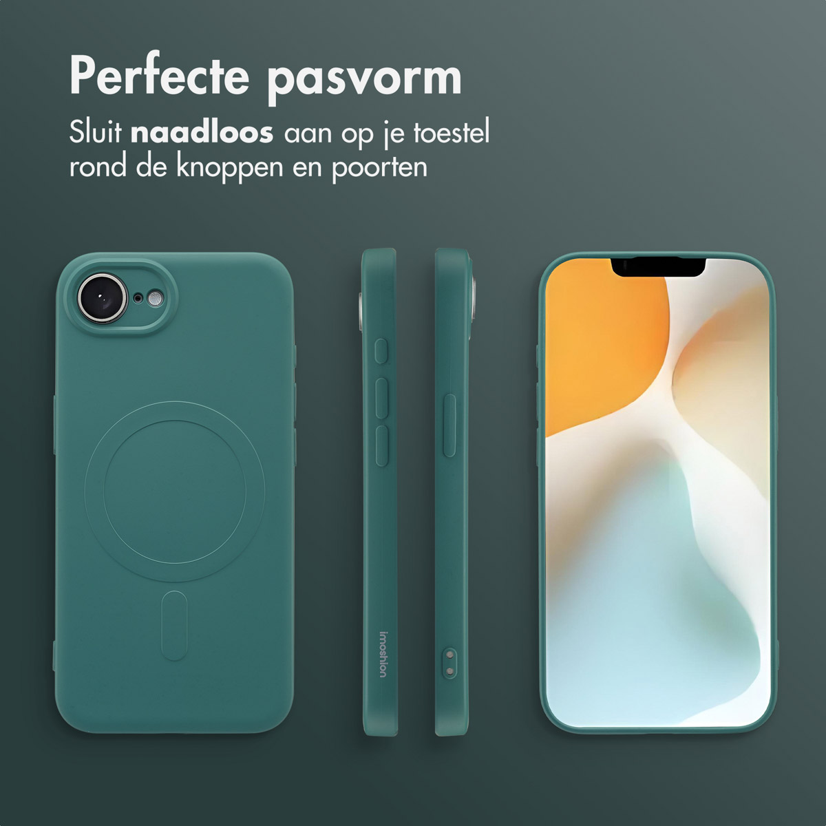 Une coque, un téléphone et un écran sont affichés. La coque est verte. L'écran affiche un fond orange et jaune.
