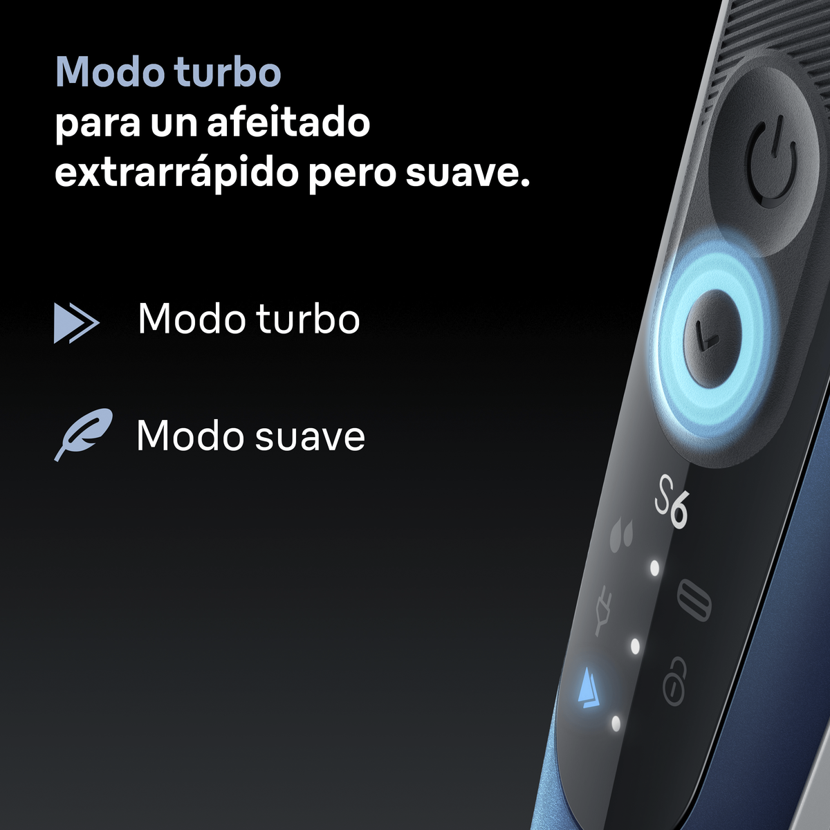 Nahaufnahme eines schwarz-blauen Elektrorasierers mit S6 und Turbo-Modus-Taste. Text: Turbo-Modus für eine schnelle Rasur.
