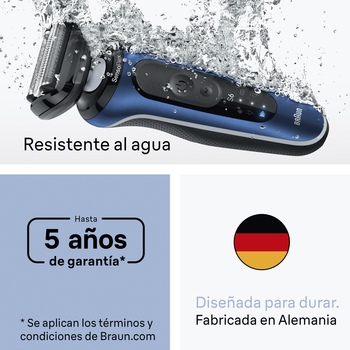 Blauer und schwarzer Elektrorasierer mit Wasserspritzern und Texten auf Spanisch. Enthält Garantie und Made in Germany.