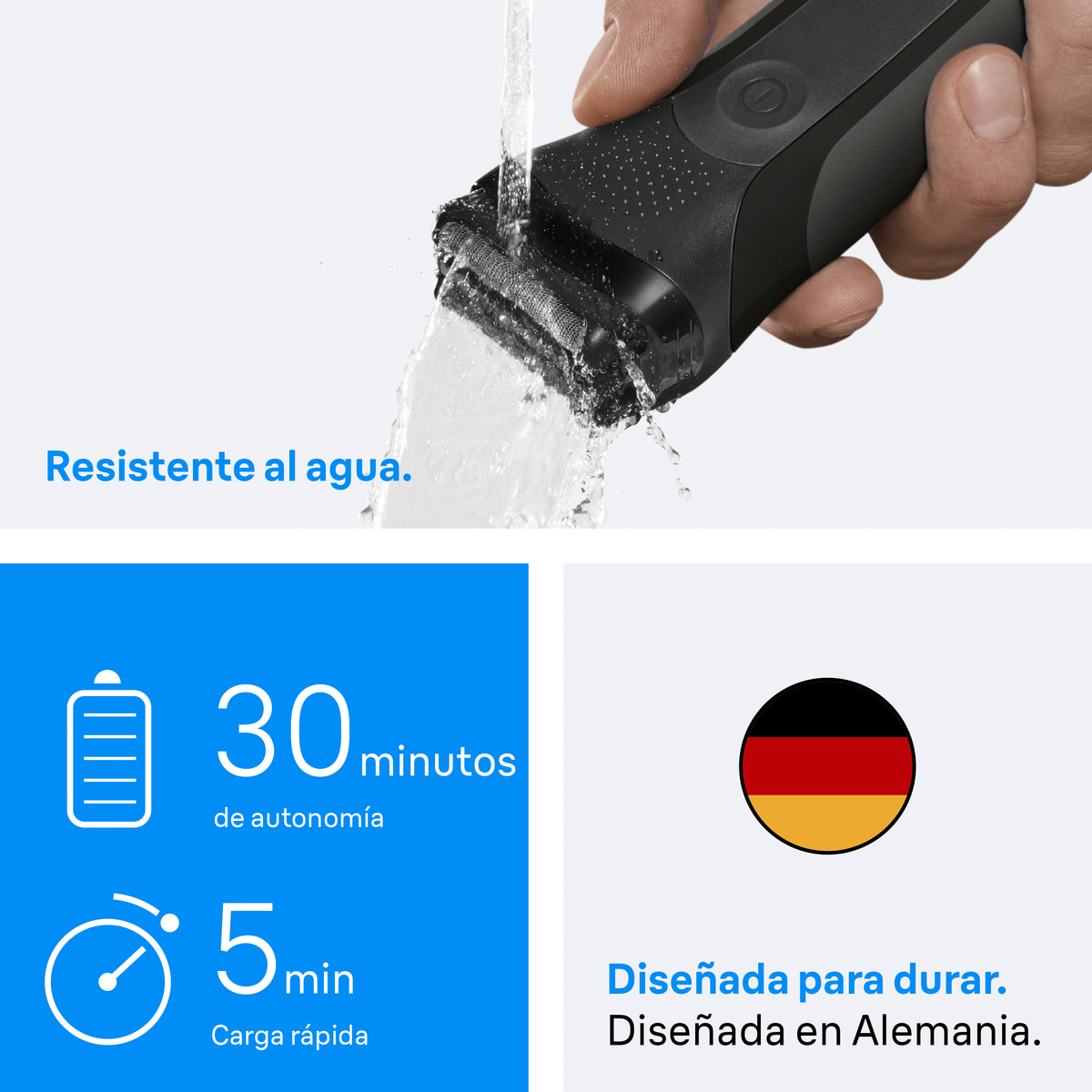 Rasoir Braun noir et bleu sous l'eau. Texte : 'Resistente al agua'. Aussi icône de batterie et drapeau allemand.