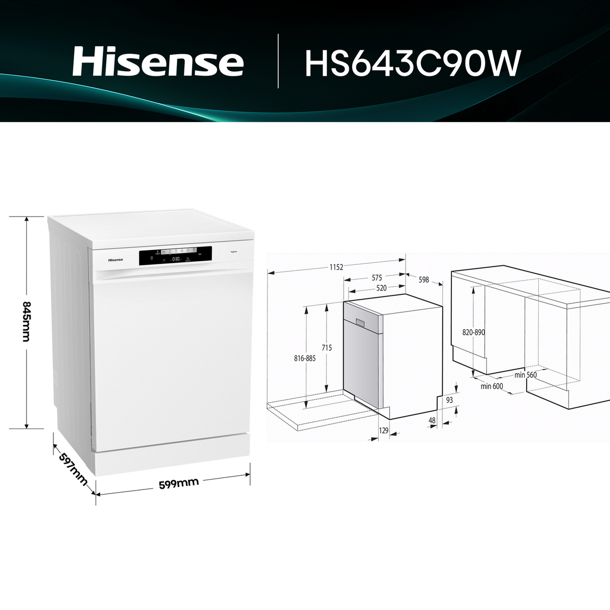 Lavavajillas Hisense blanco con dimensiones, texto 'Hisense HS643C90W', con vista lateral y superior.
