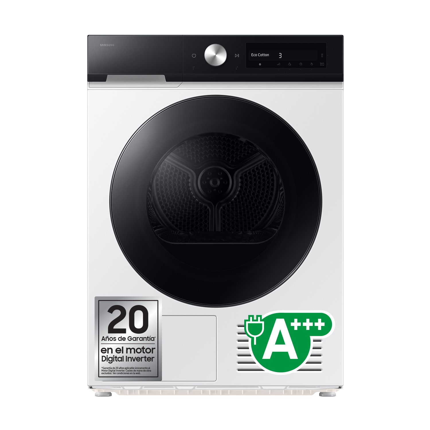 Een witte wasmachine met een bedieningspaneel en een energielabel.