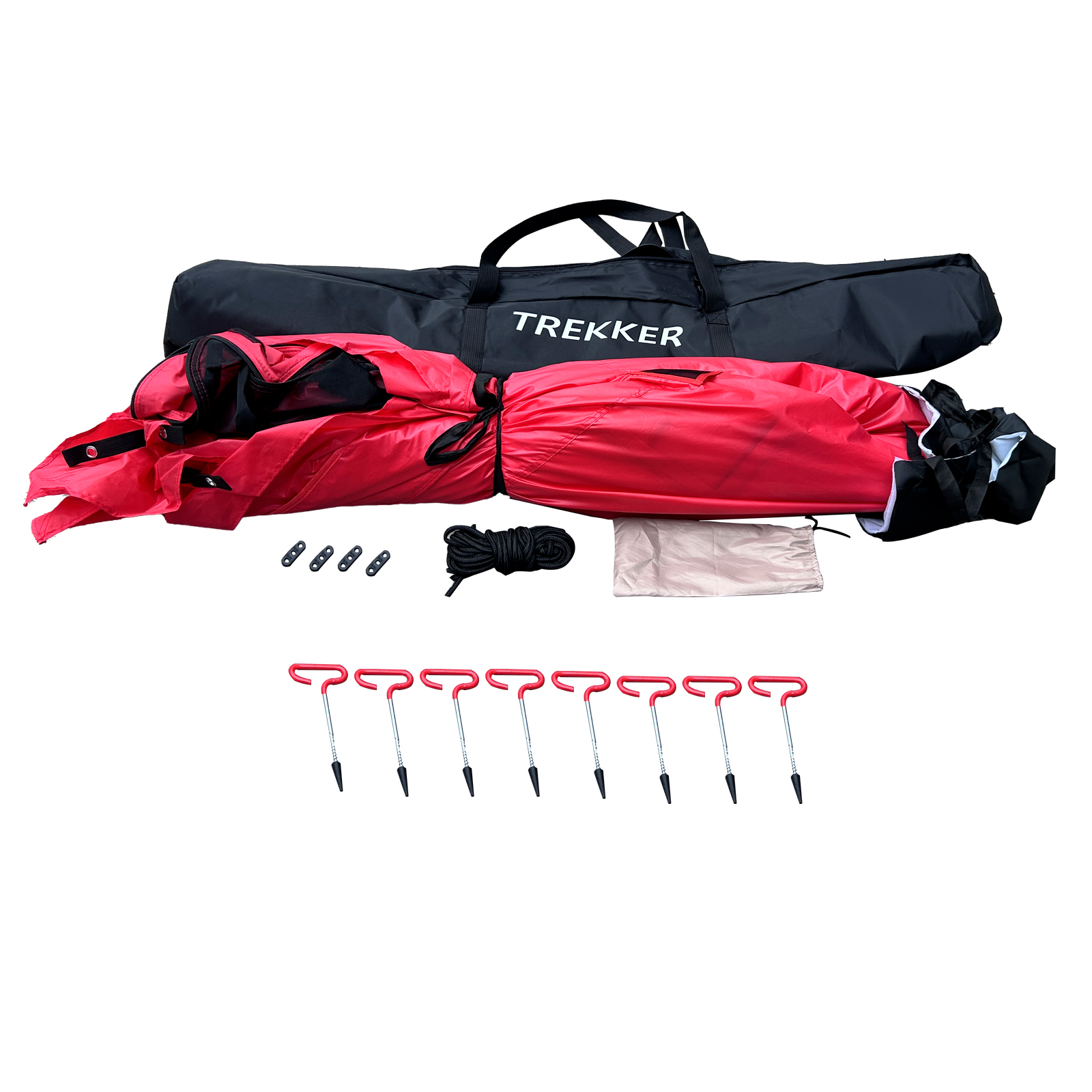 Rotes Zelt mit schwarzer Tasche mit der Aufschrift 'Trekker', Heringen und anderem Campingzubehör auf weißem Hintergrund.