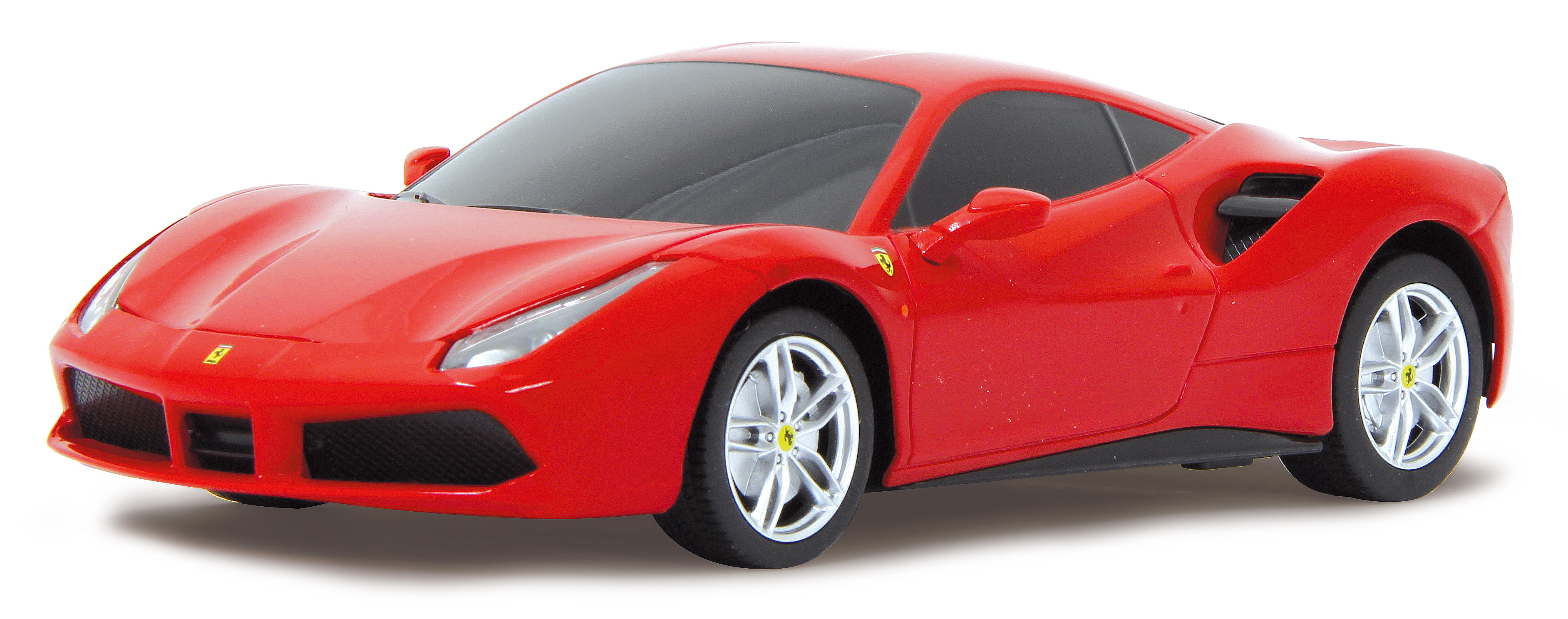 Ein roter Ferrari 488 GTB auf weißem Hintergrund. Die Räder sind sichtbar.