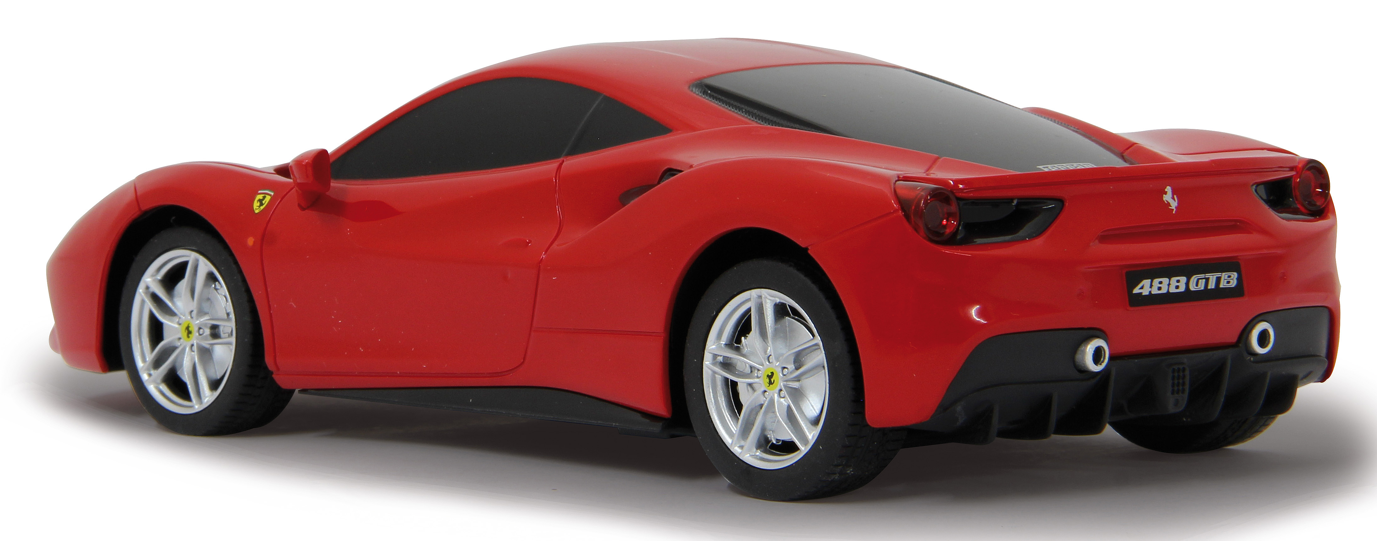 Das Heck eines roten Ferrari 488 GTB auf weißem Hintergrund. Das Logo des Autos ist sichtbar.