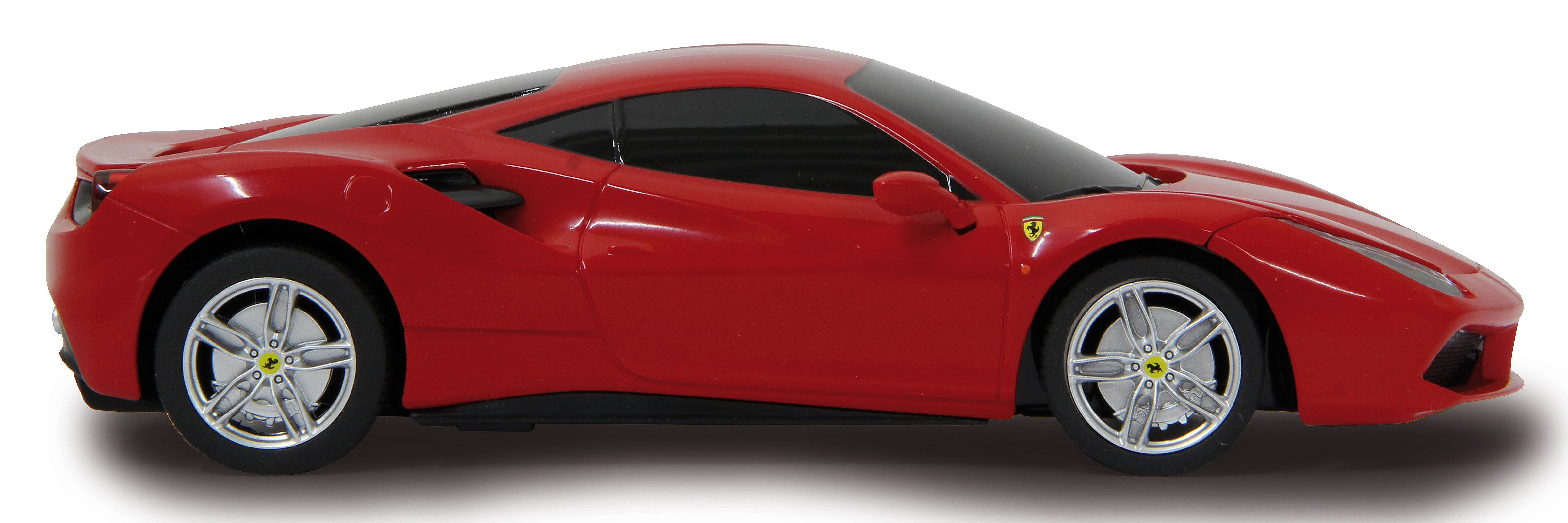 Ein roter Ferrari-Sportwagen, Seitenansicht, auf weißem Hintergrund. Das Auto hat schwarze Fenster und silberne Räder.
