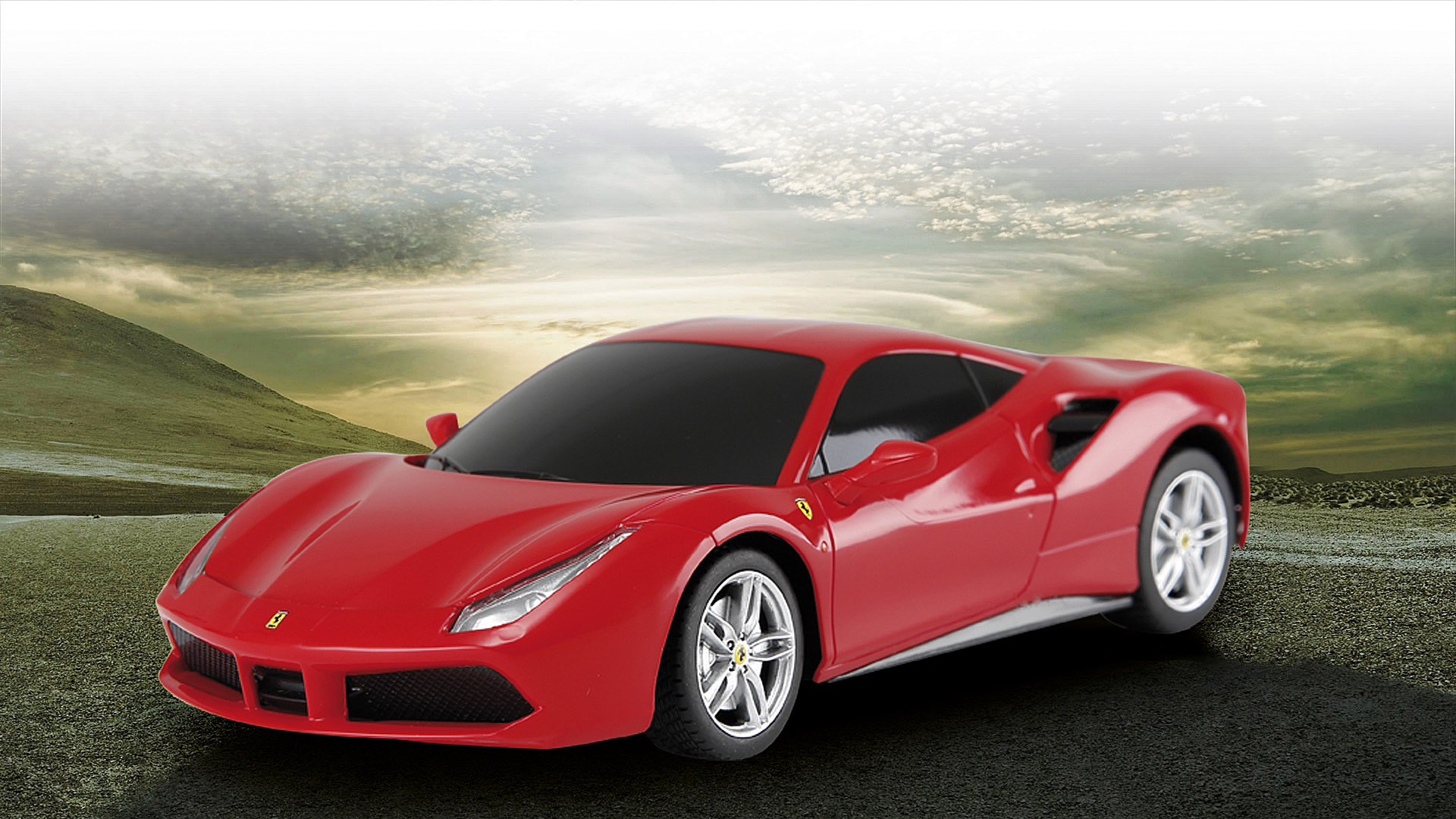 Ein roter Ferrari auf einer grünen Oberfläche. Der Hintergrund zeigt einen Sonnenuntergang und einen grünen Hügel.