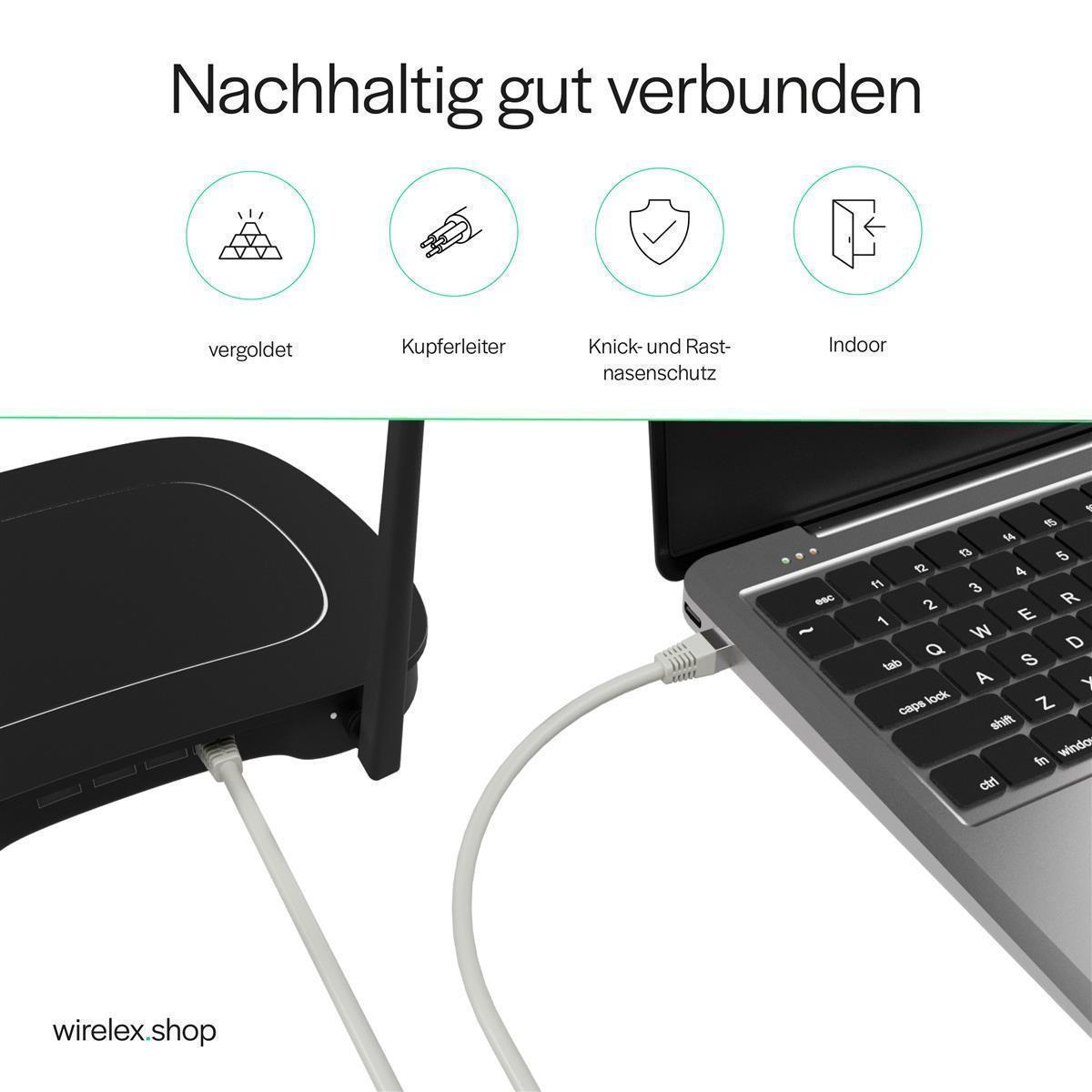 Ein Laptop, der über ein weißes Kabel mit einem Router verbunden ist. Über dem Laptop befinden sich vier Symbole und Text.