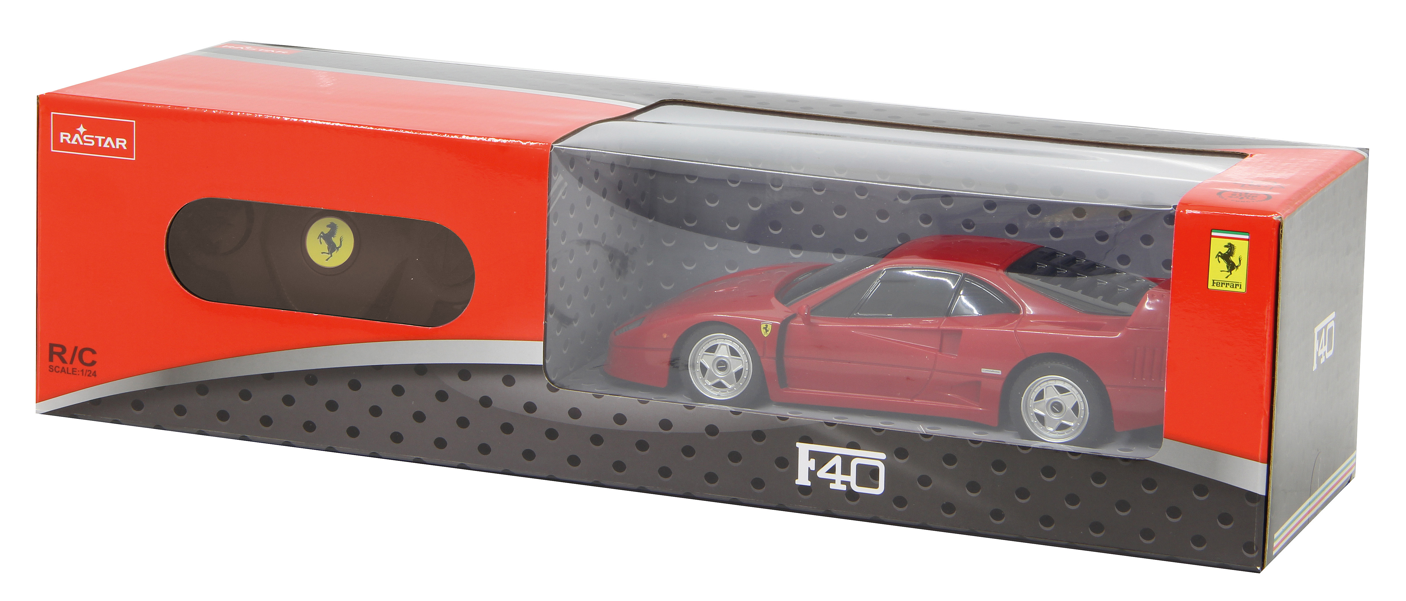 Rotes Ferrari F40 Spielzeugauto in einer Box mit transparentem Kunststofffenster. Die Box steht auf weißem Hintergrund.