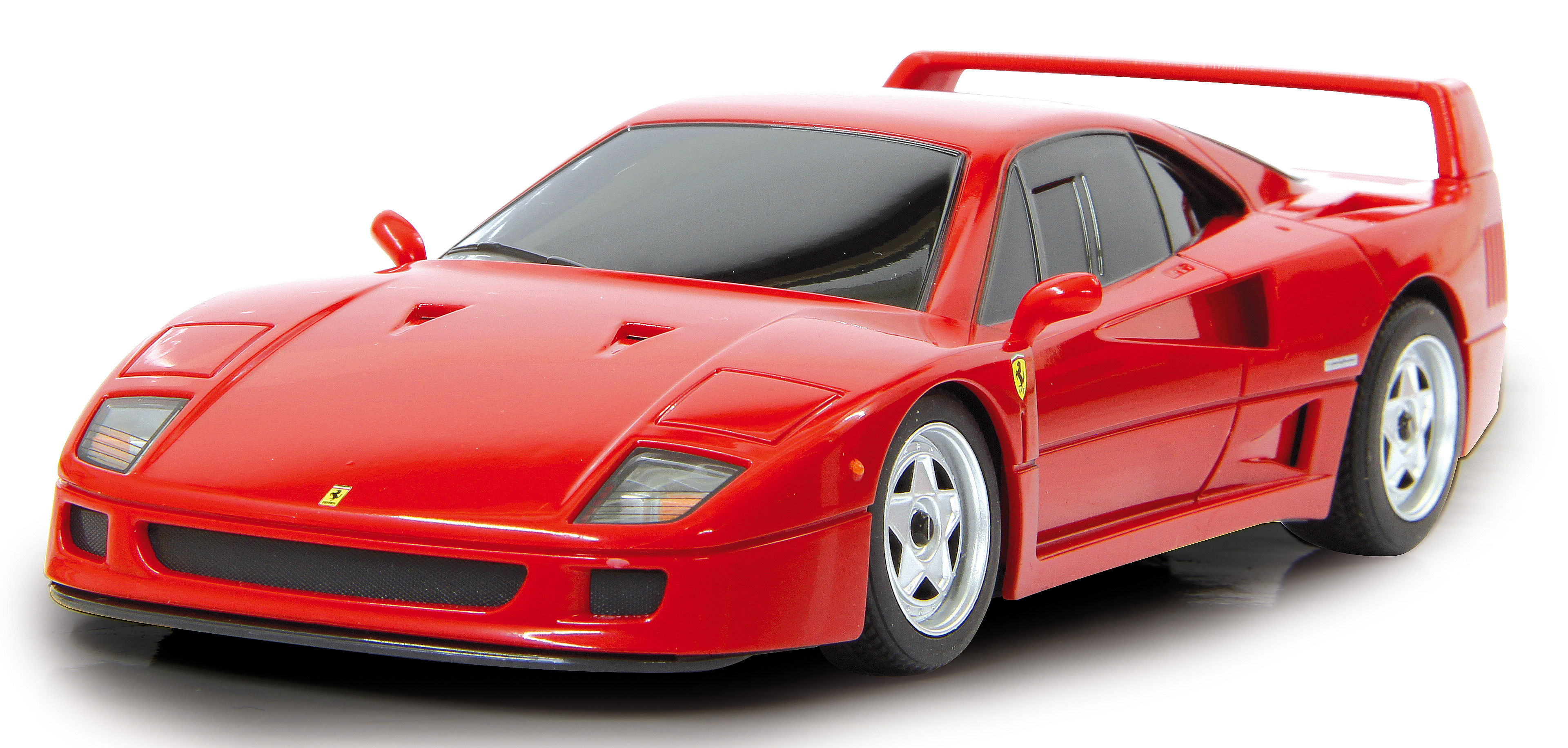Rotes Ferrari F40 Spielzeugauto, Frontansicht, auf weißem Hintergrund. Das Auto hat eine schwarze Front und Scheinwerfer.