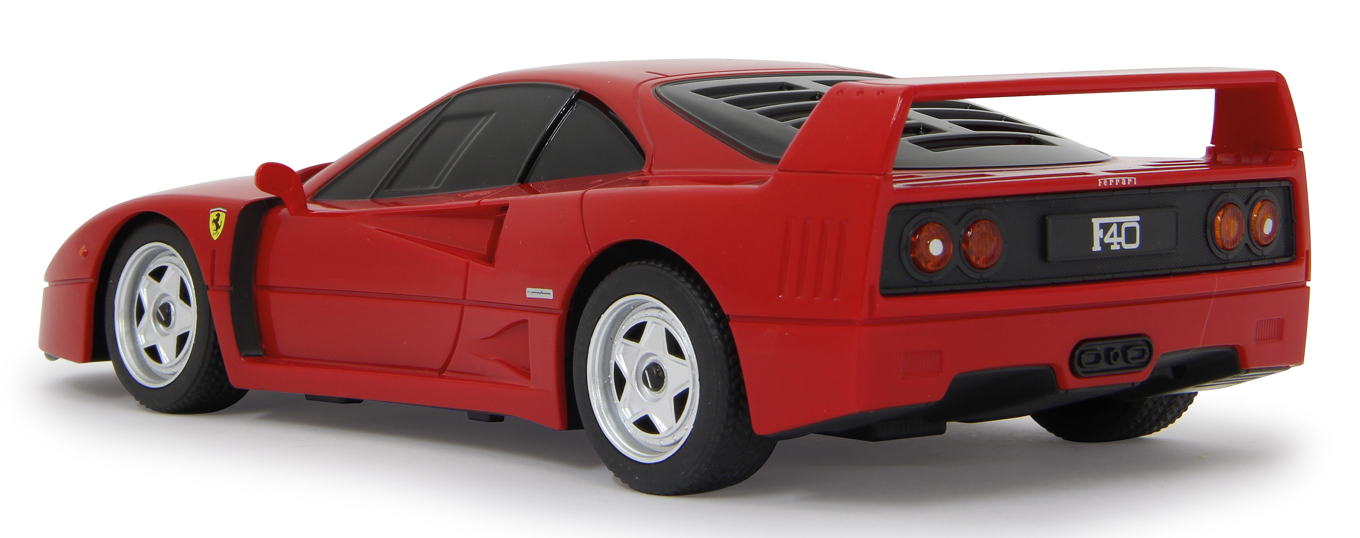 Rotes Ferrari F40 Spielzeugauto, Rückansicht, auf weißem Hintergrund. Schwarze Details, F40-Label, Rückleuchten sichtbar.