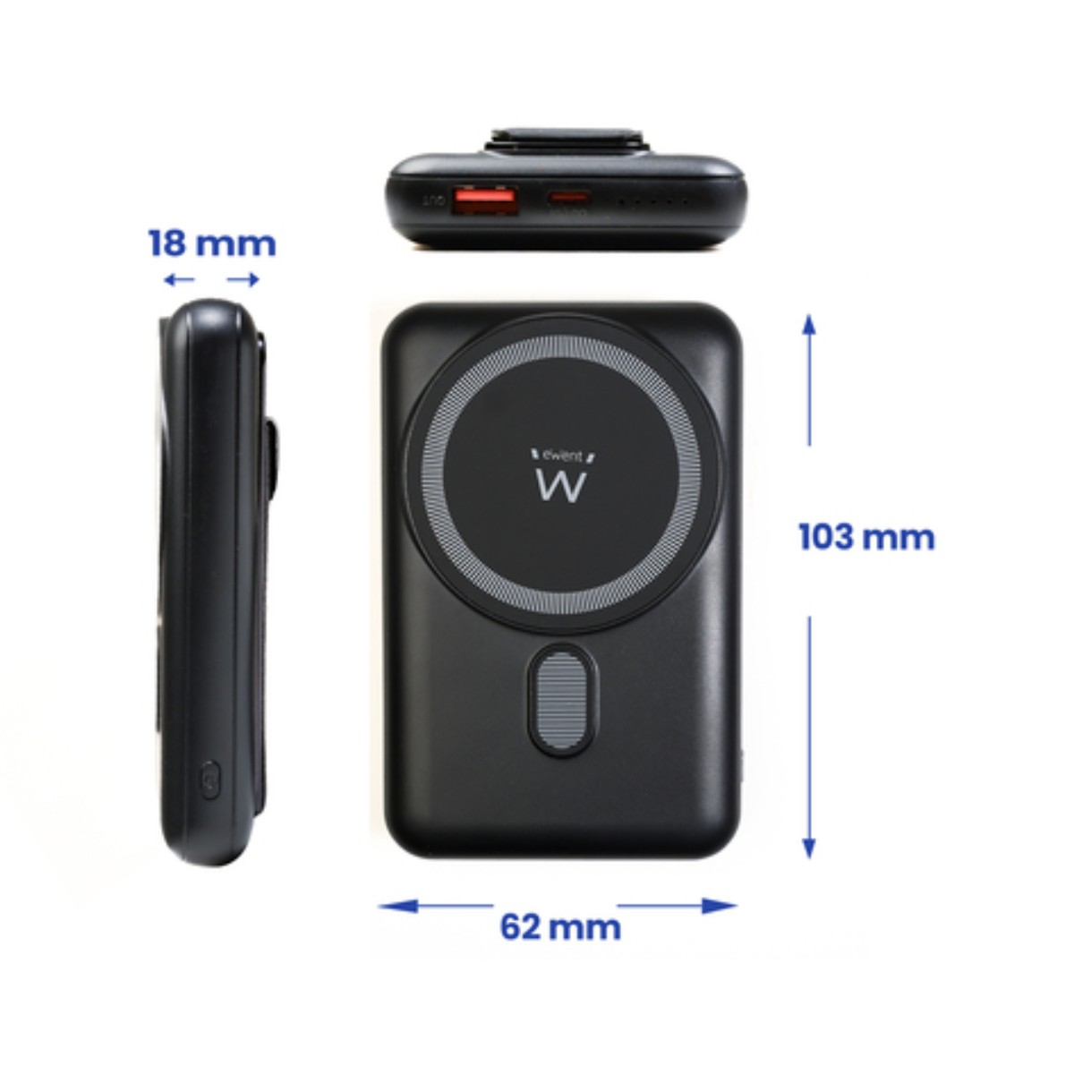 Eine schwarze Powerbank mit den Abmessungen. Sie hat einen Kreis und den Buchstaben W darauf.