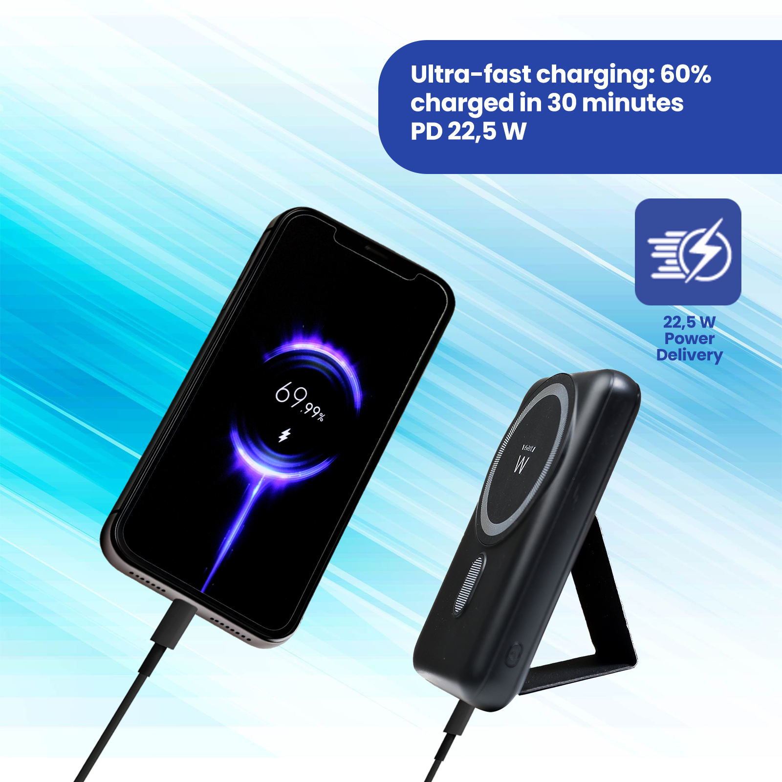 Ein Telefon, das mit einer Powerbank geladen wird und den Ladeprozentsatz anzeigt. Die Powerbank ist schwarz.
