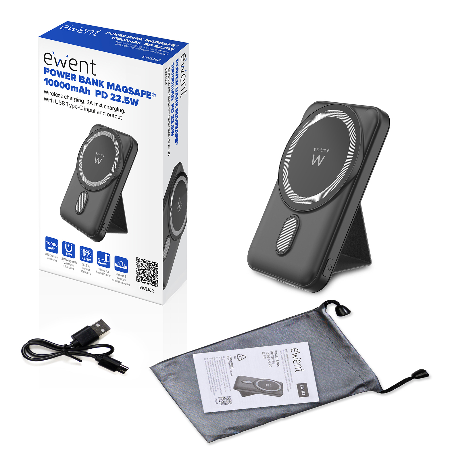 Eine Powerbank, eine Box, ein Kabel, ein Beutel und eine Anleitung. Alles schwarz und weiß.