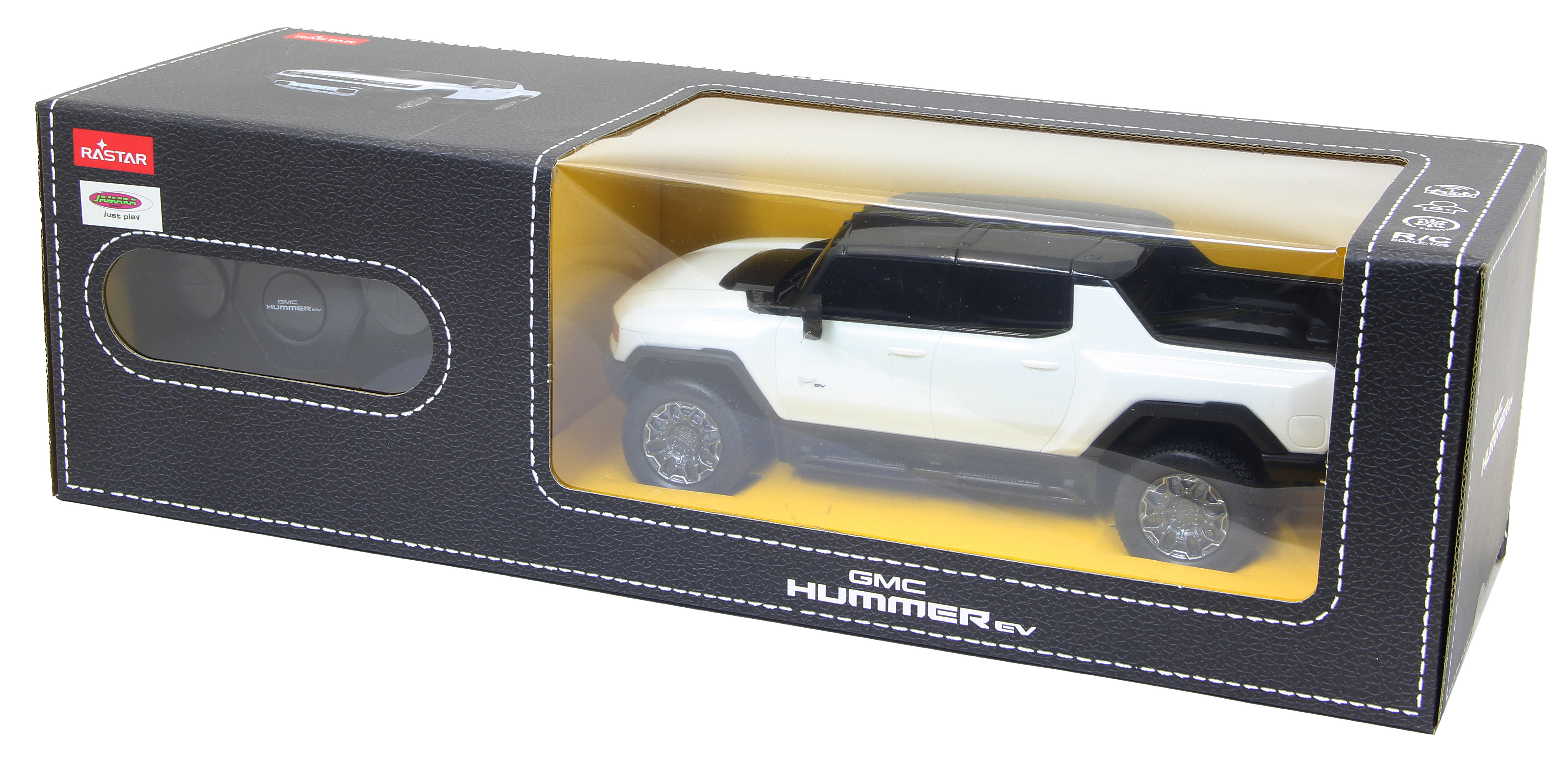 GMC Hummer EV Modellauto in einer Box. Weißes und schwarzes Auto.
