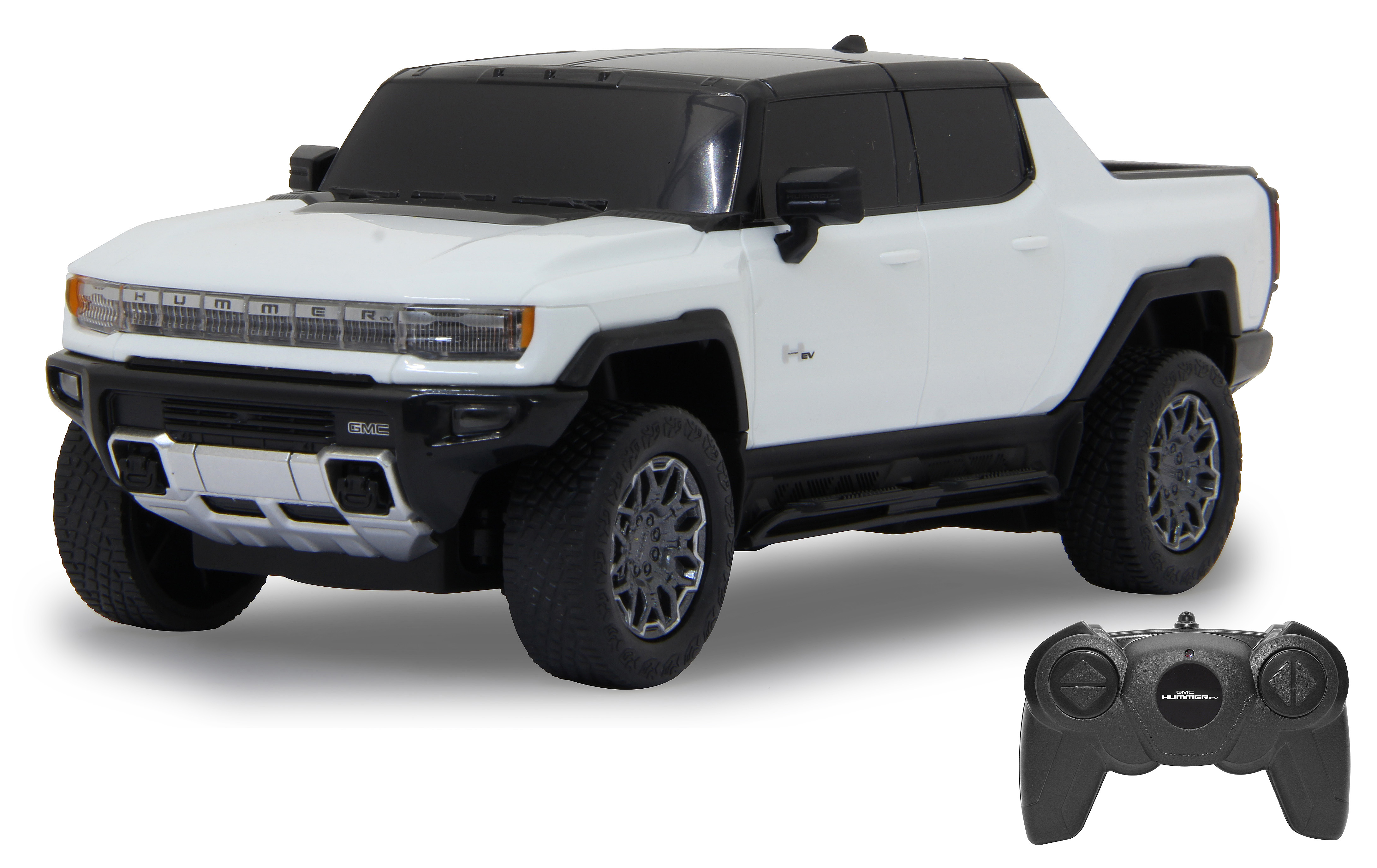 Weißer Hummer EV Spielzeug-LKW mit schwarzen Akzenten, Fernbedienung rechts, auf Weiß.