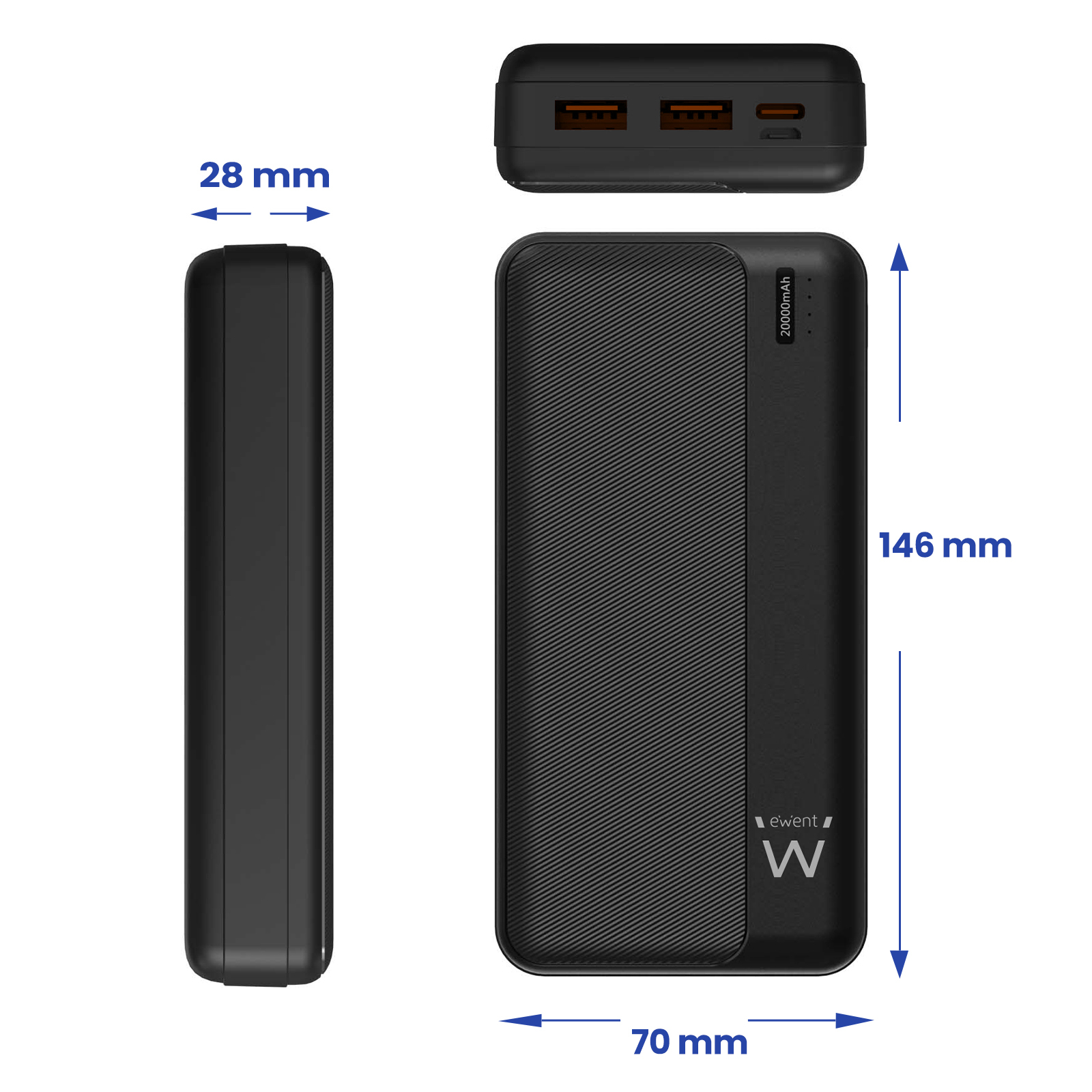 Banco de energía negro con medidas indicadas. Tiene dos puertos USB.