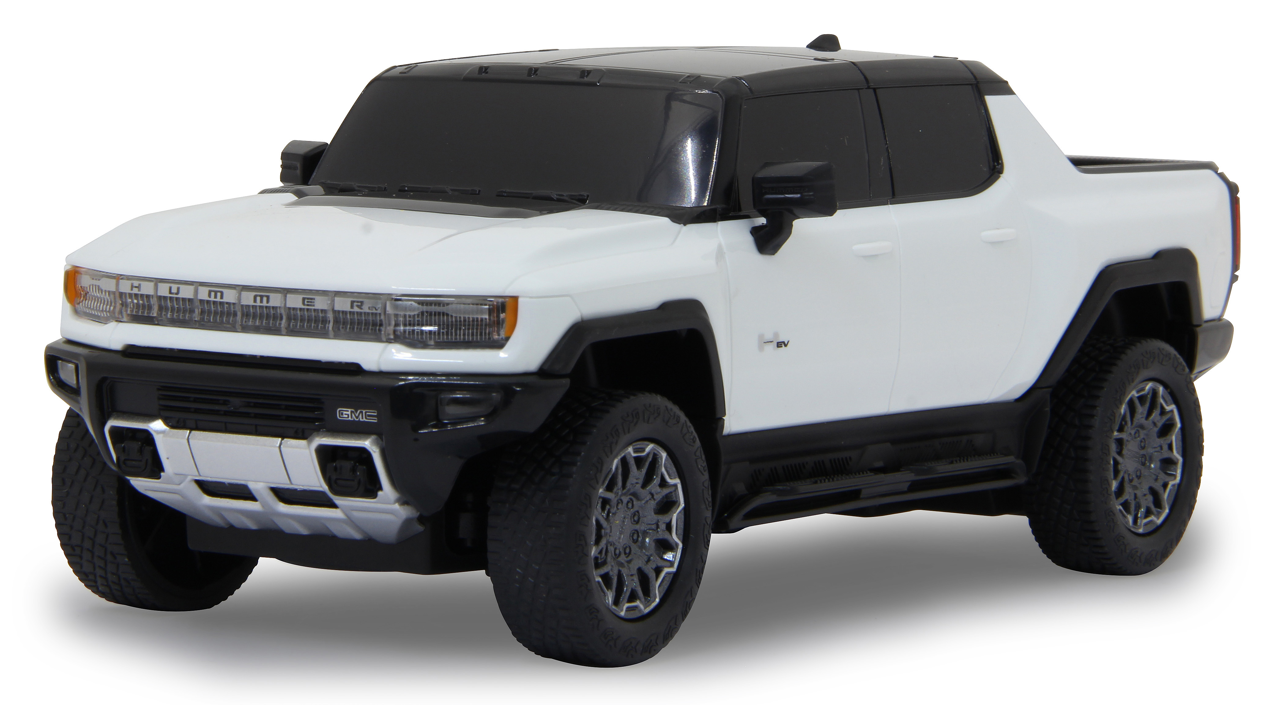 Weißes GMC Hummer EV Auto. Schwarzes Dach, Räder und Akzente.