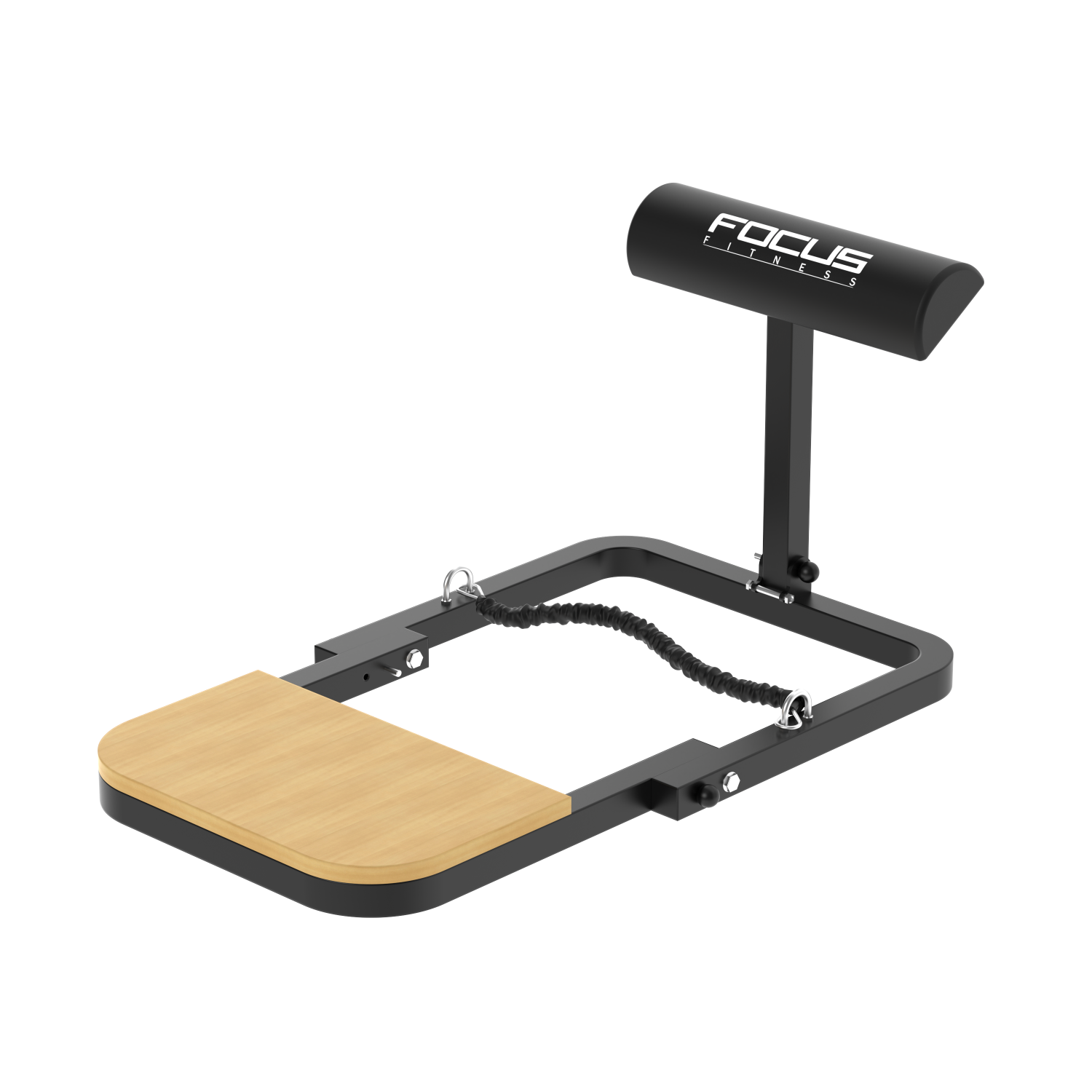 Zwarte en houten fitnessapparatuur met Focus Fitness-logo, op een donkere achtergrond.