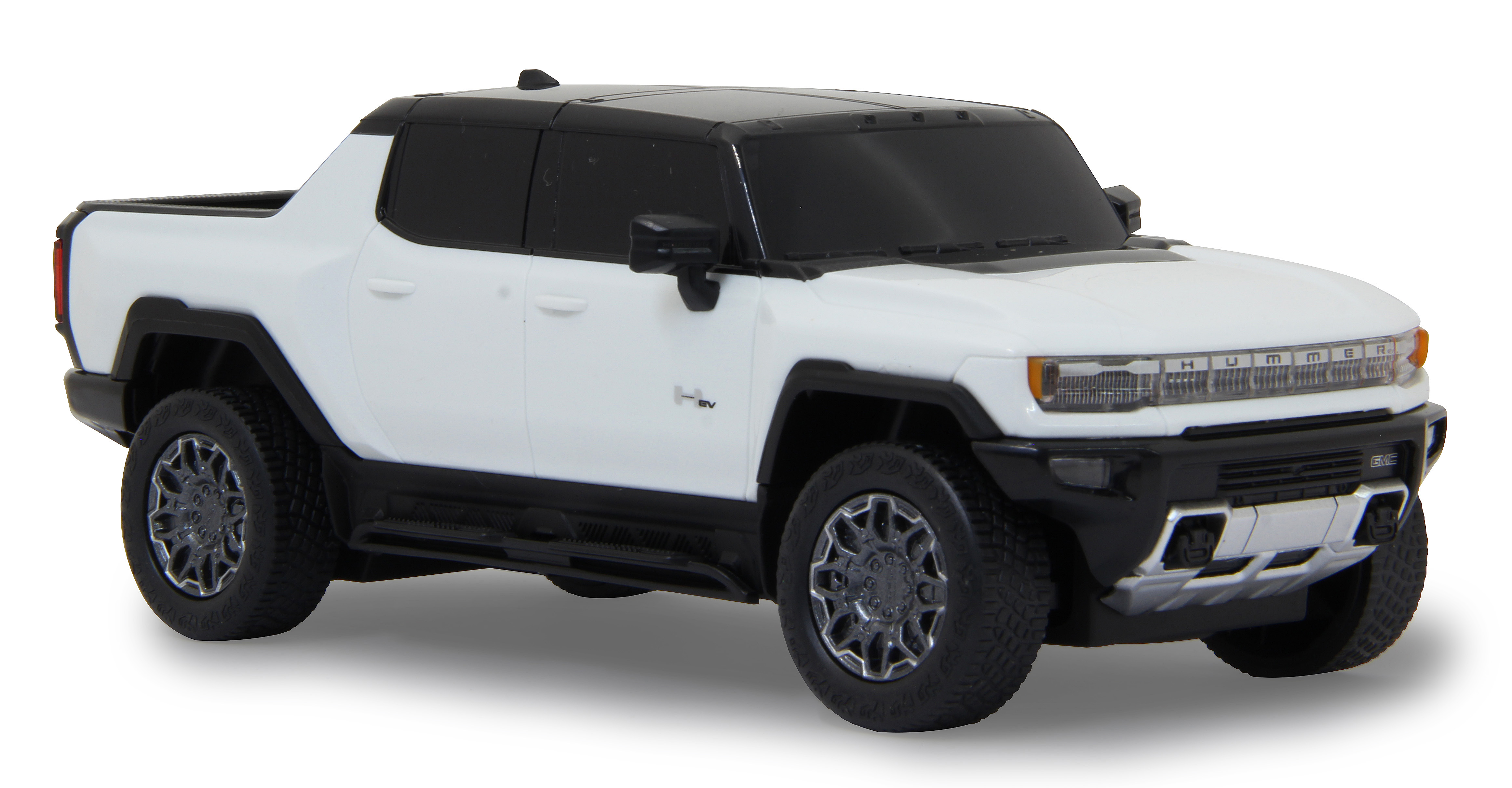 Weiß-schwarzer Hummer EV Spielzeug-LKW auf weißem Untergrund.
