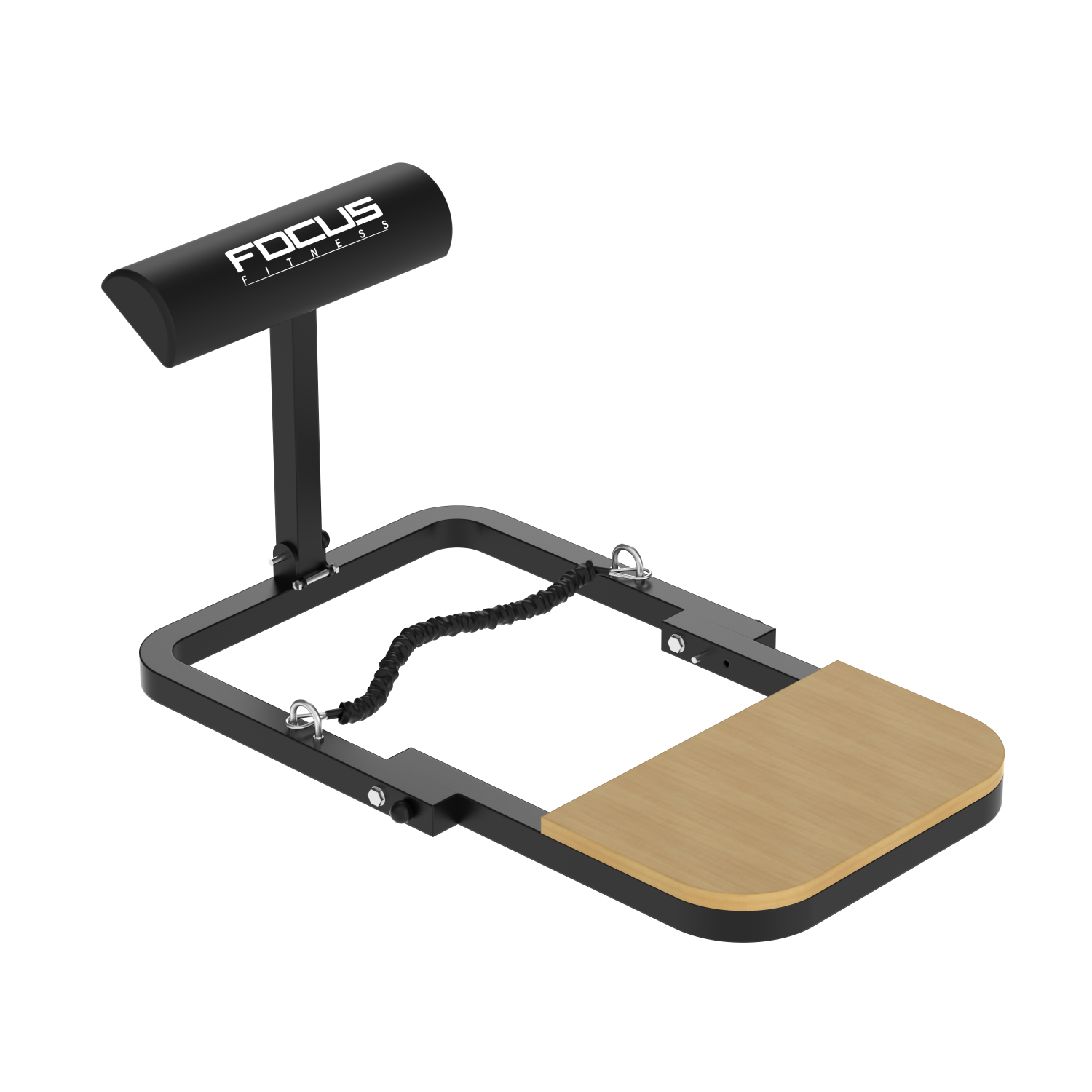 Focus Fitness squat machine met houten platform en zwarte bekleding.