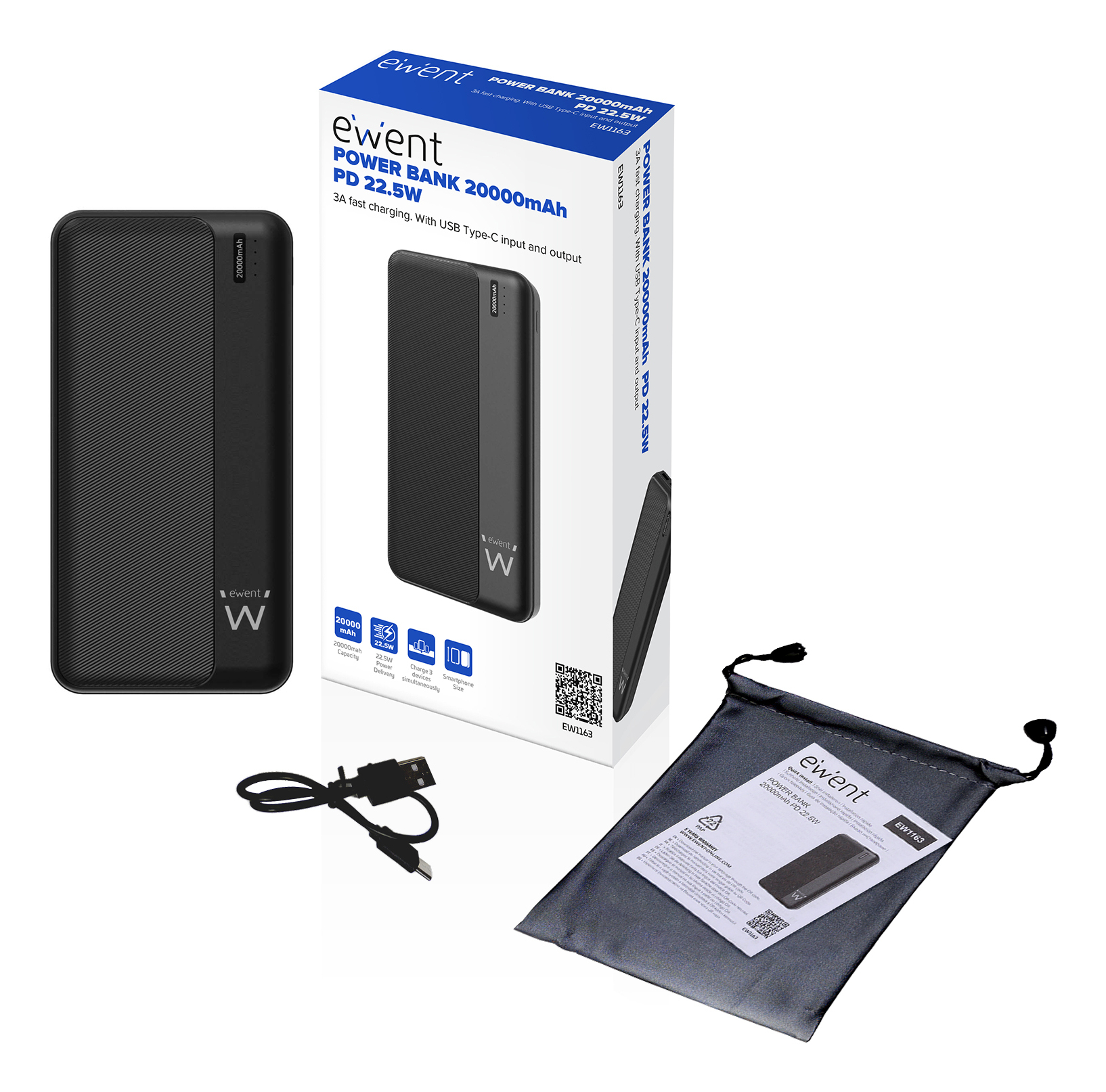 Batería externa con caja, cable y funda sobre blanco. La batería es negra con un logo blanco en forma de 'W'.
