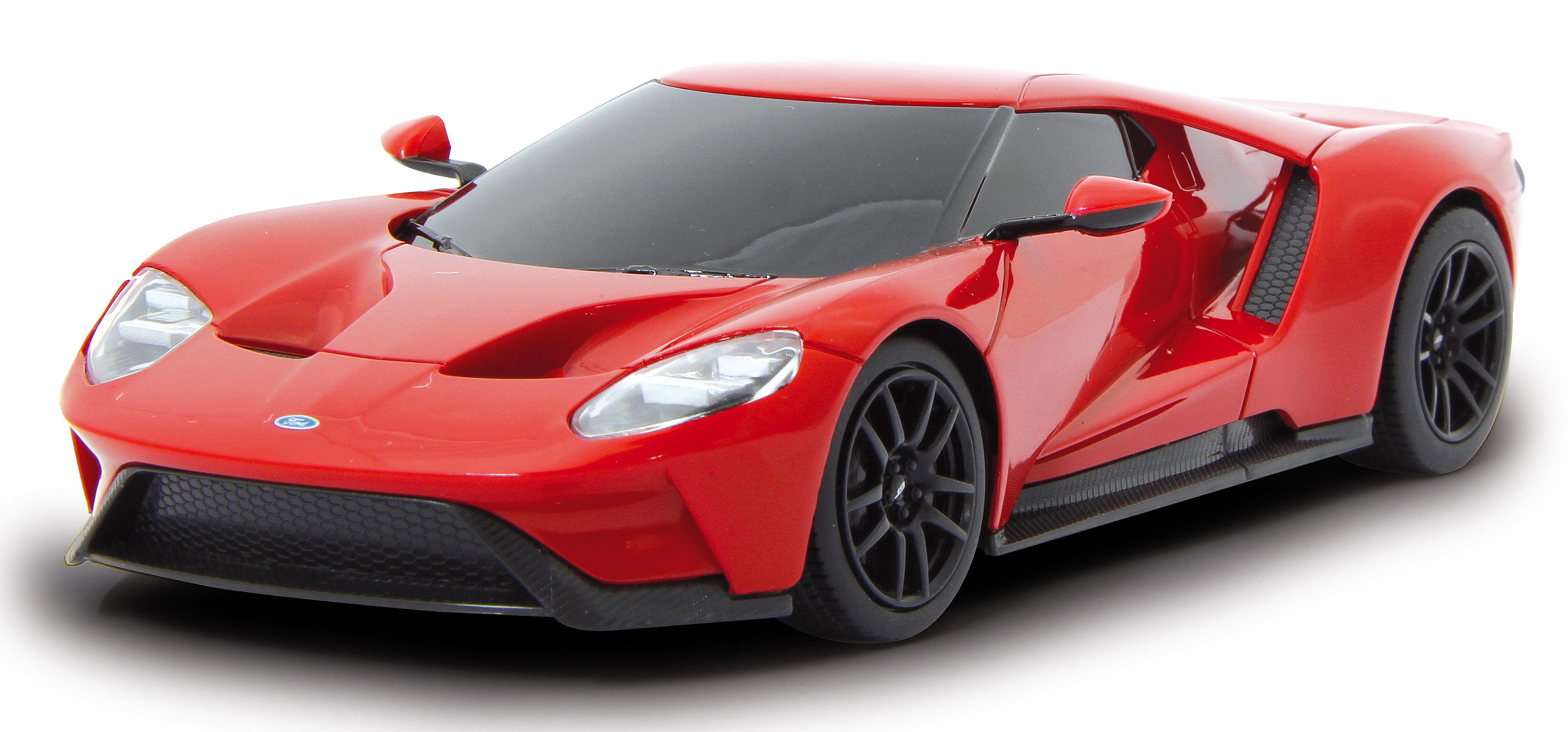 Ein roter Ford GT ist in einer vorderen Seitenansicht vor einem sauberen weißen Hintergrund mit einem Schatten darunter zu sehen.